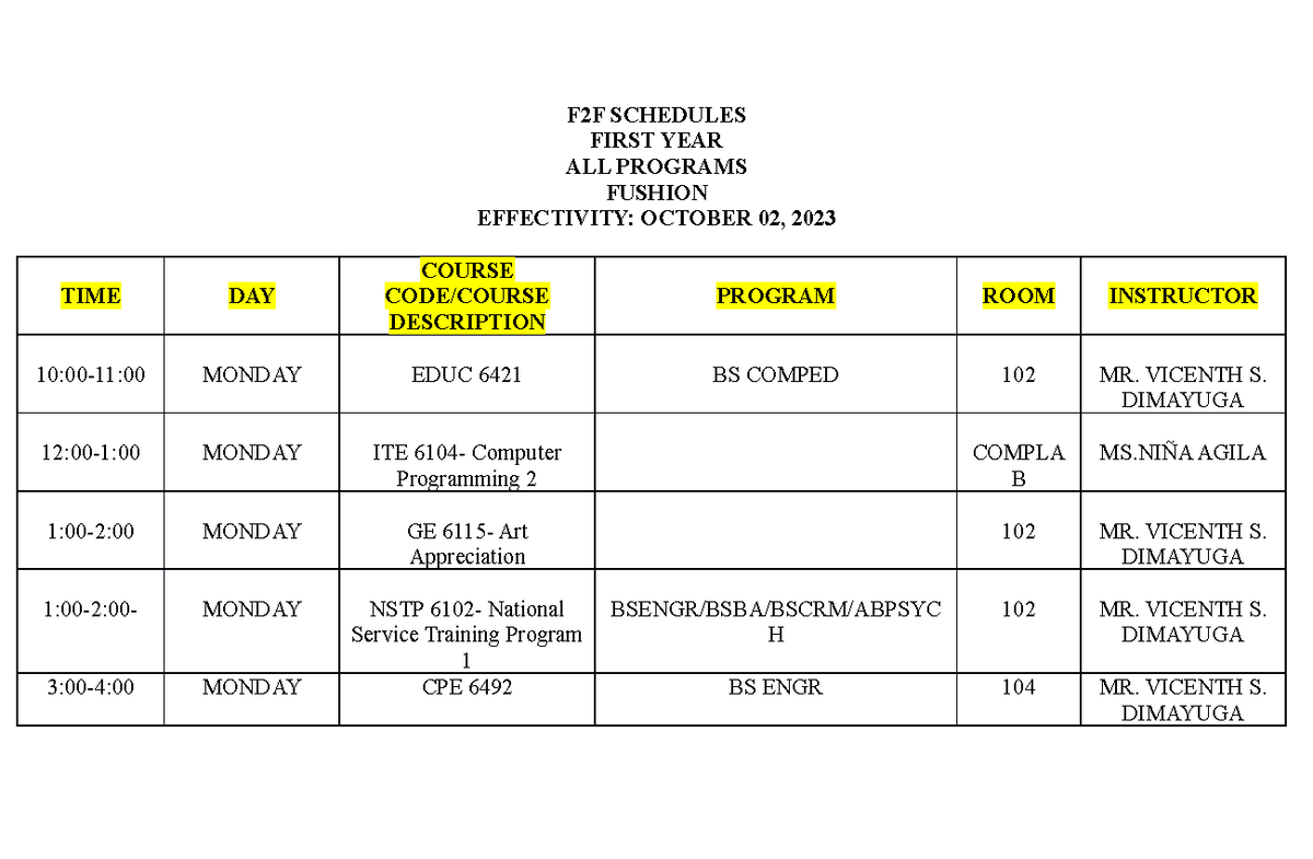 Ftof schedules - Asd - F2F SCHEDULES FIRST YEAR ALL PROGRAMS FUSHION ...