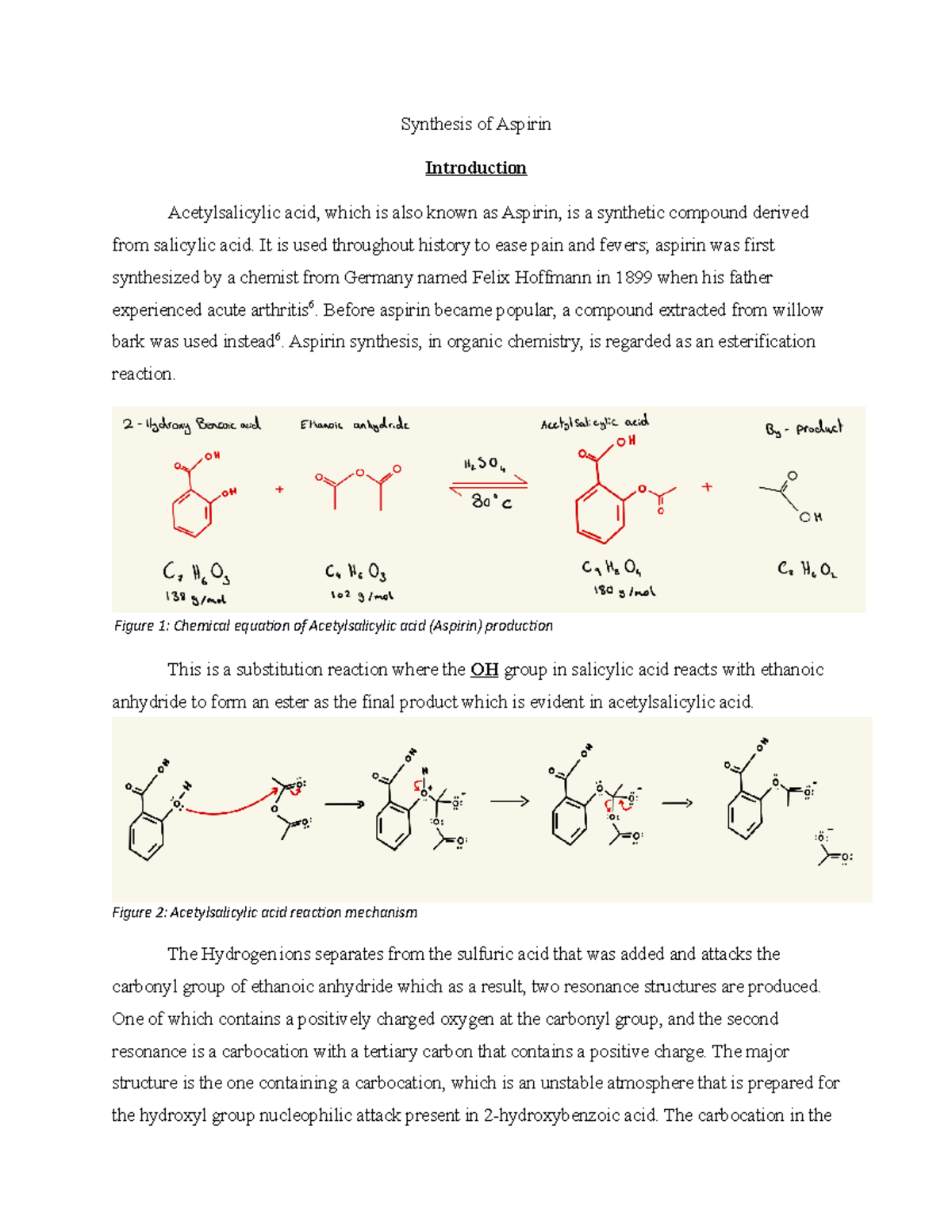 Chem 2101 - Aspirin synthesis lab - Synthesis of Aspirin Introduction ...