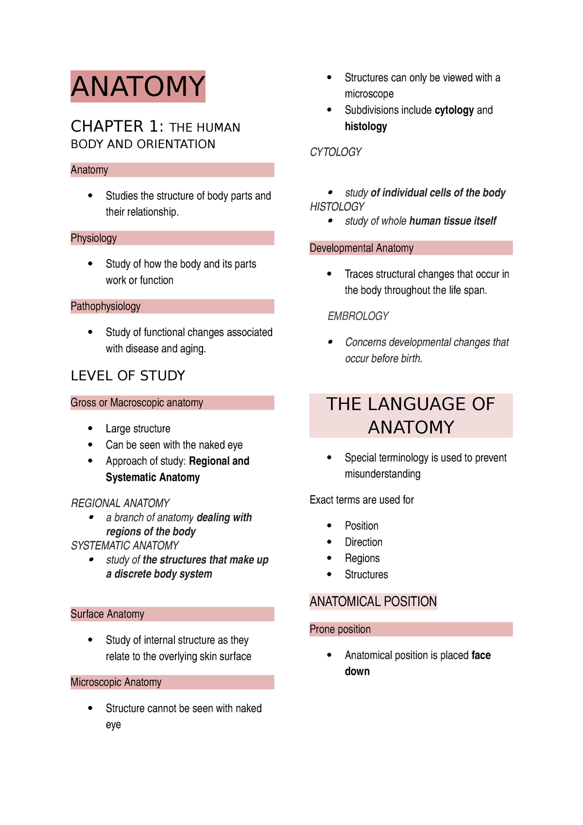 Anatomy - Lecture Notes 1 - ANATOMY CHAPTER 1: THE HUMAN BODY AND ...