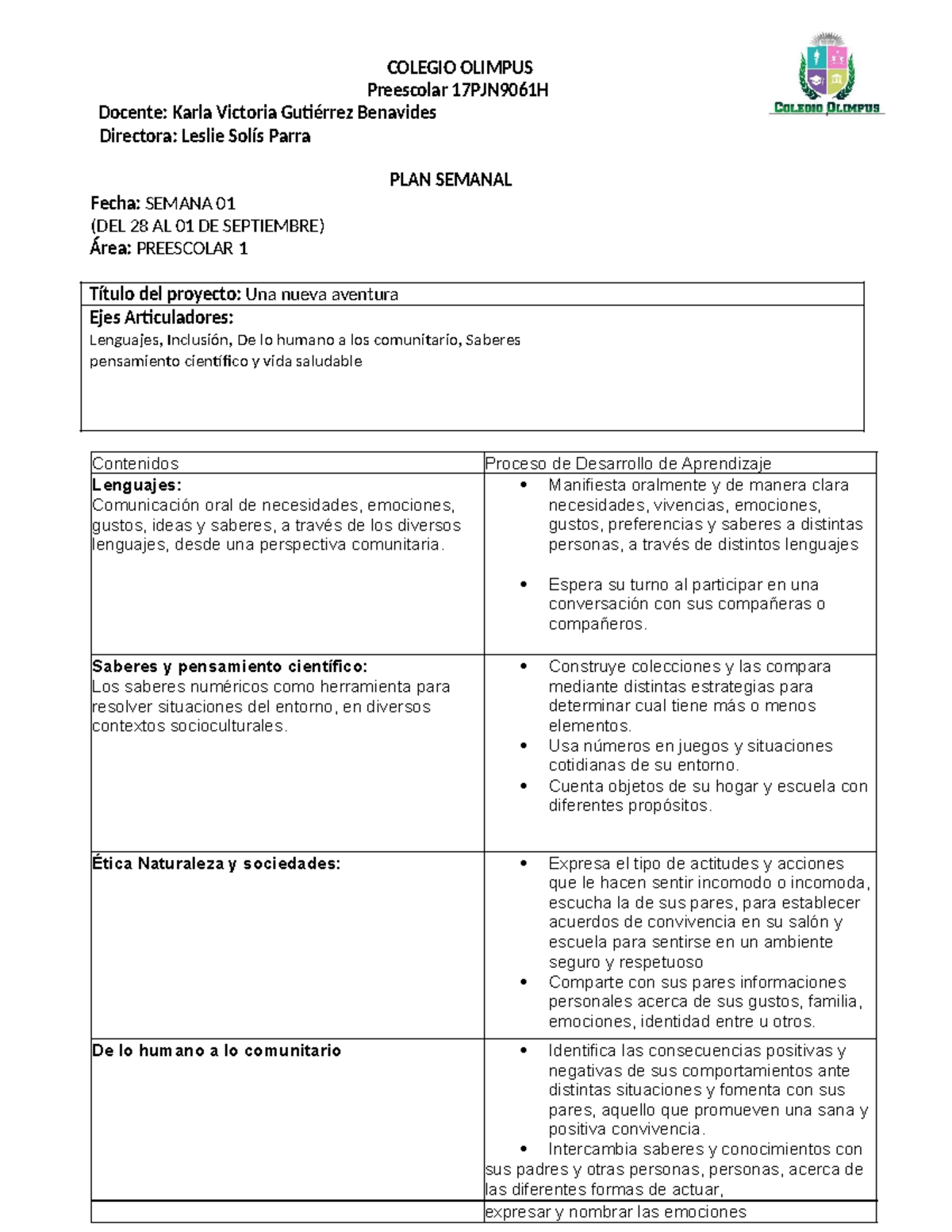 Preescolar 1-semana 1 - dafsf - Preescolar 17PJN9061H Docente: Karla ...