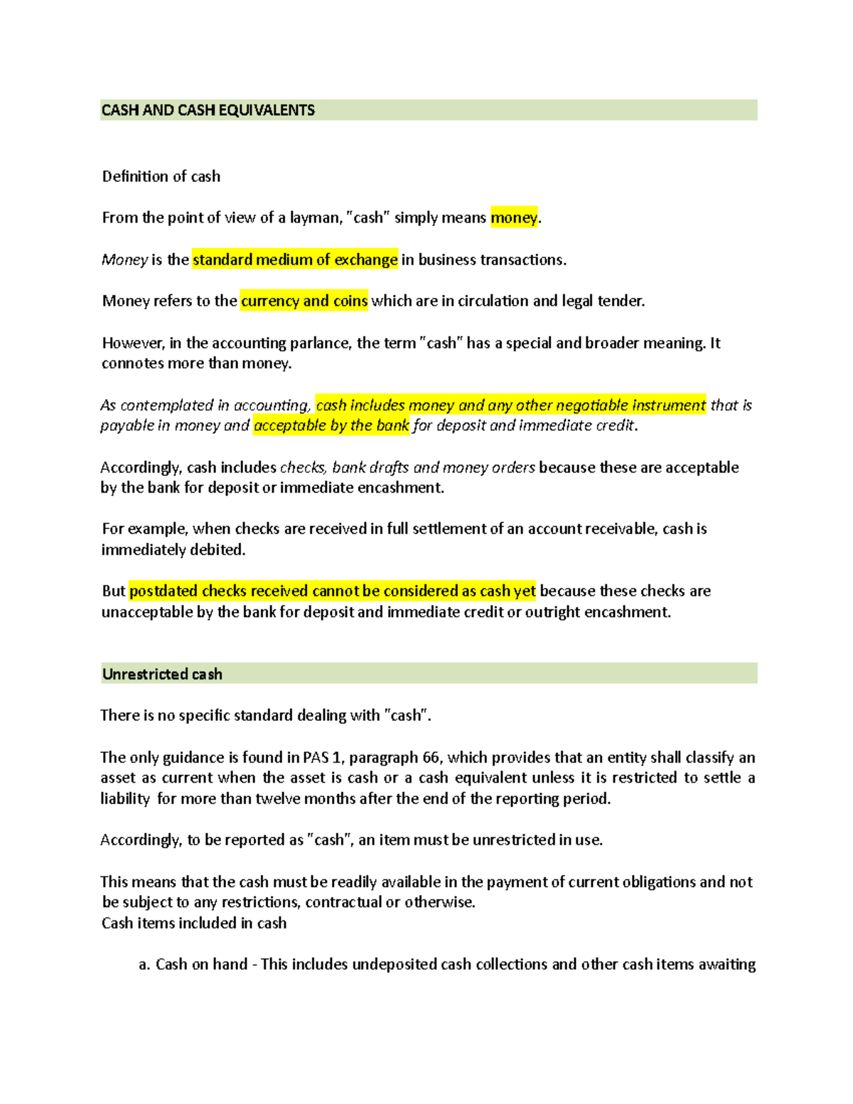CASH AND CASH Equivalents Handout - CASH AND CASH EQUIVALENTS ...