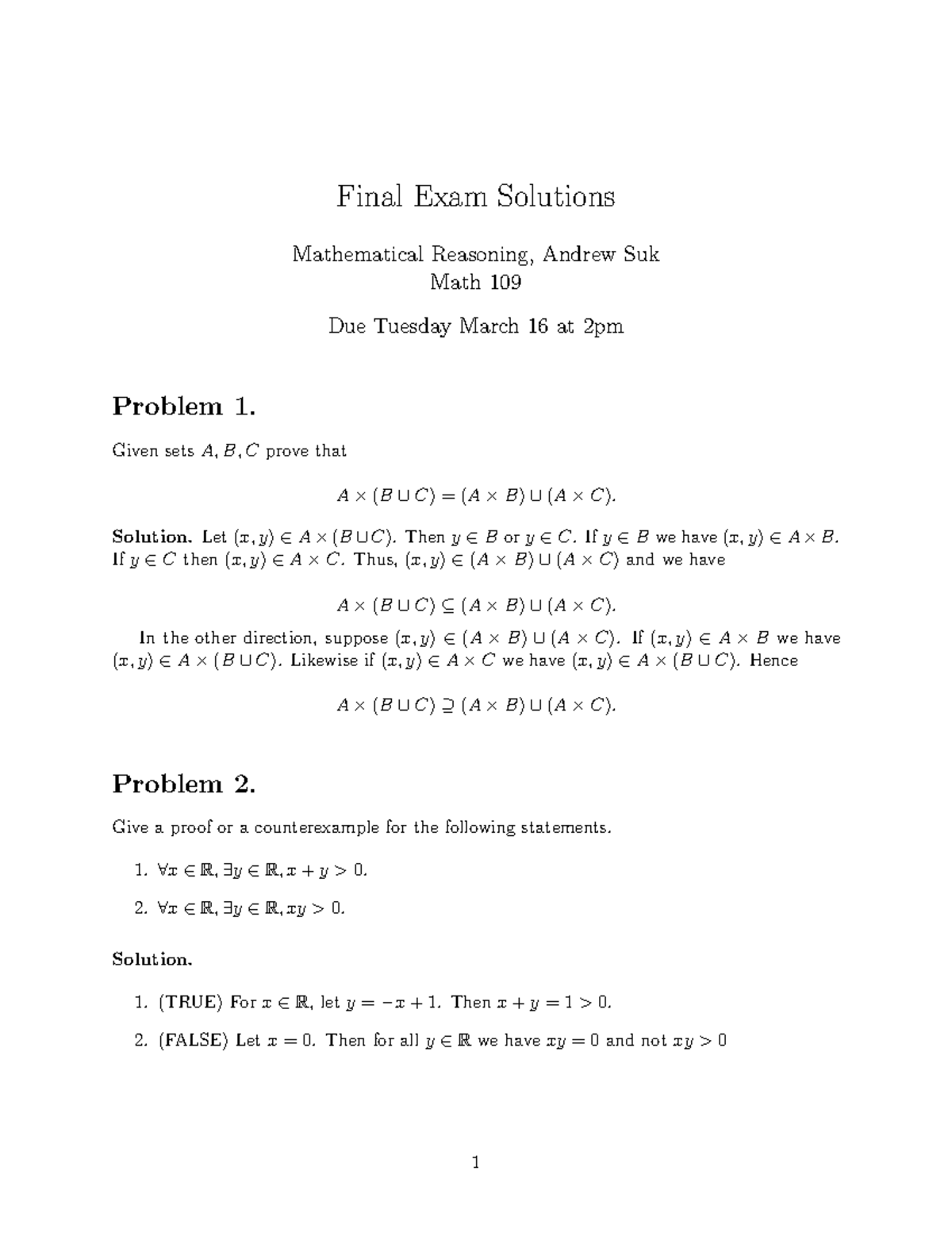 Finalsolution Math109 Final Exam Solutions Mathematical Reasoning