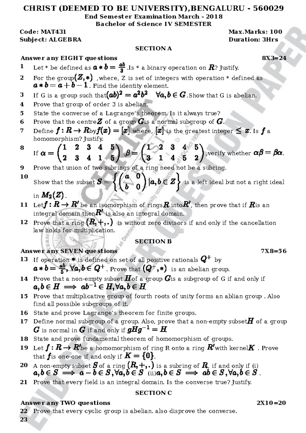 MAT431 - Previous Year Question Papers - CHRIST (DEEMED TO BE ...