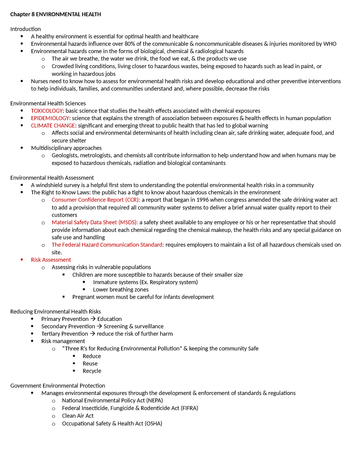 WEEK 4 - NOTES - Chapter 8 ENVIRONMENTAL HEALTH Introduction A healthy ...