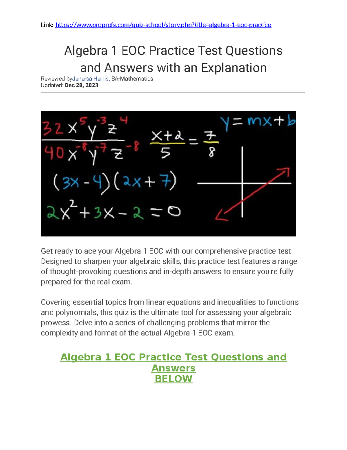 Algebra 1 EOC Practice Test Questions - Pro Profs - Algebra 1 EOC ...