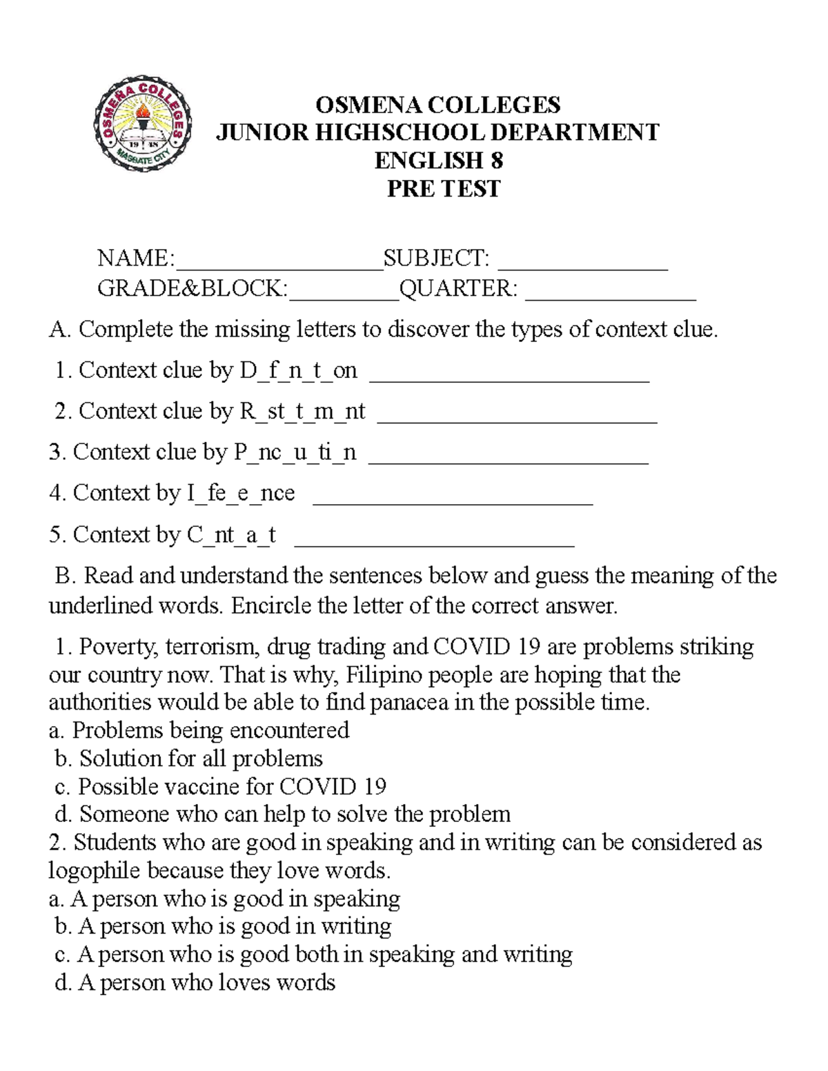 PRE TEST FOR English 8 - OSMENA COLLEGES JUNIOR HIGHSCHOOL DEPARTMENT ...