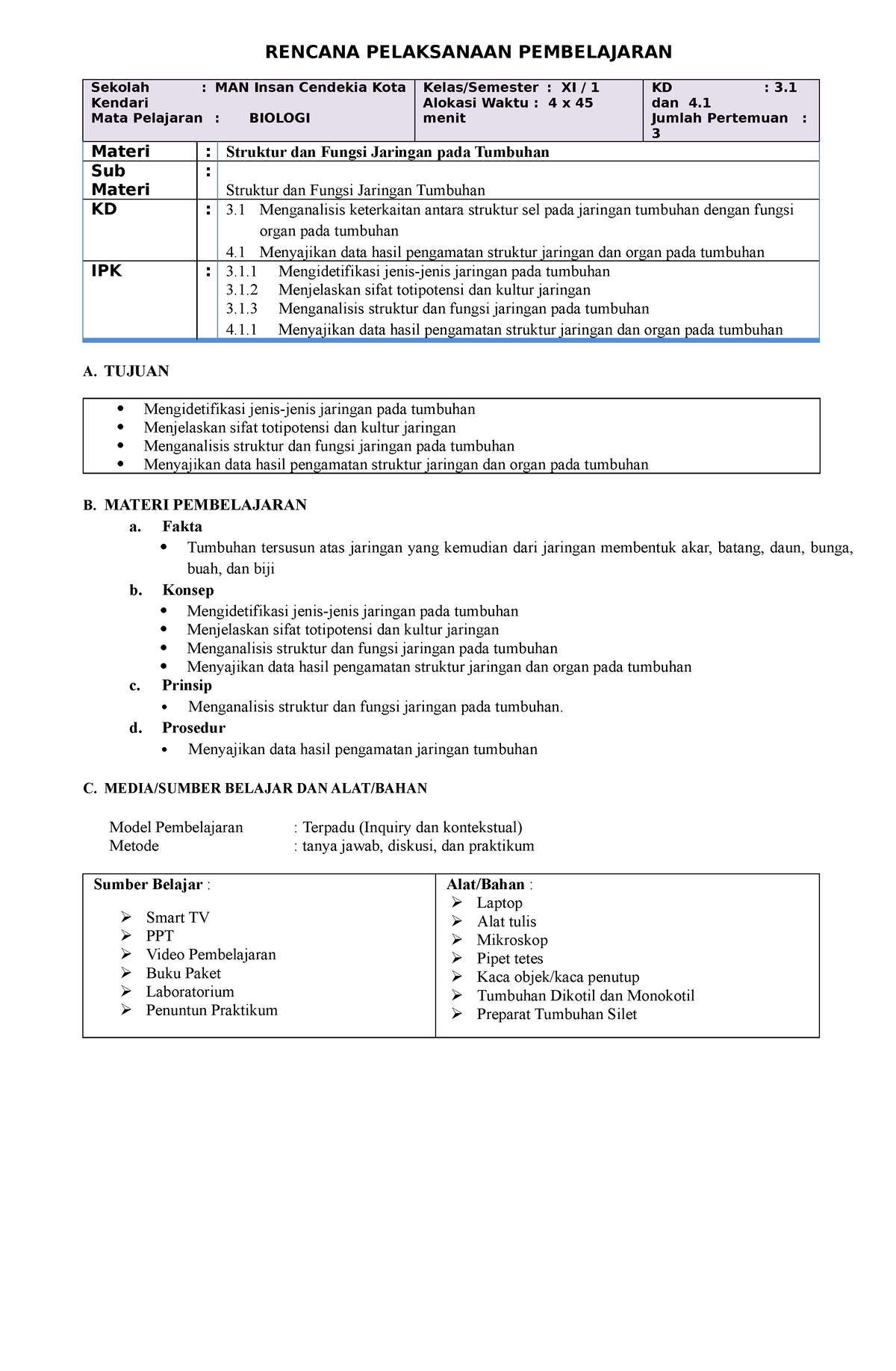 1. RPP Struktur Dan Fungsi Jaringan Tumbahan - RENCANA PELAKSANAAN ...