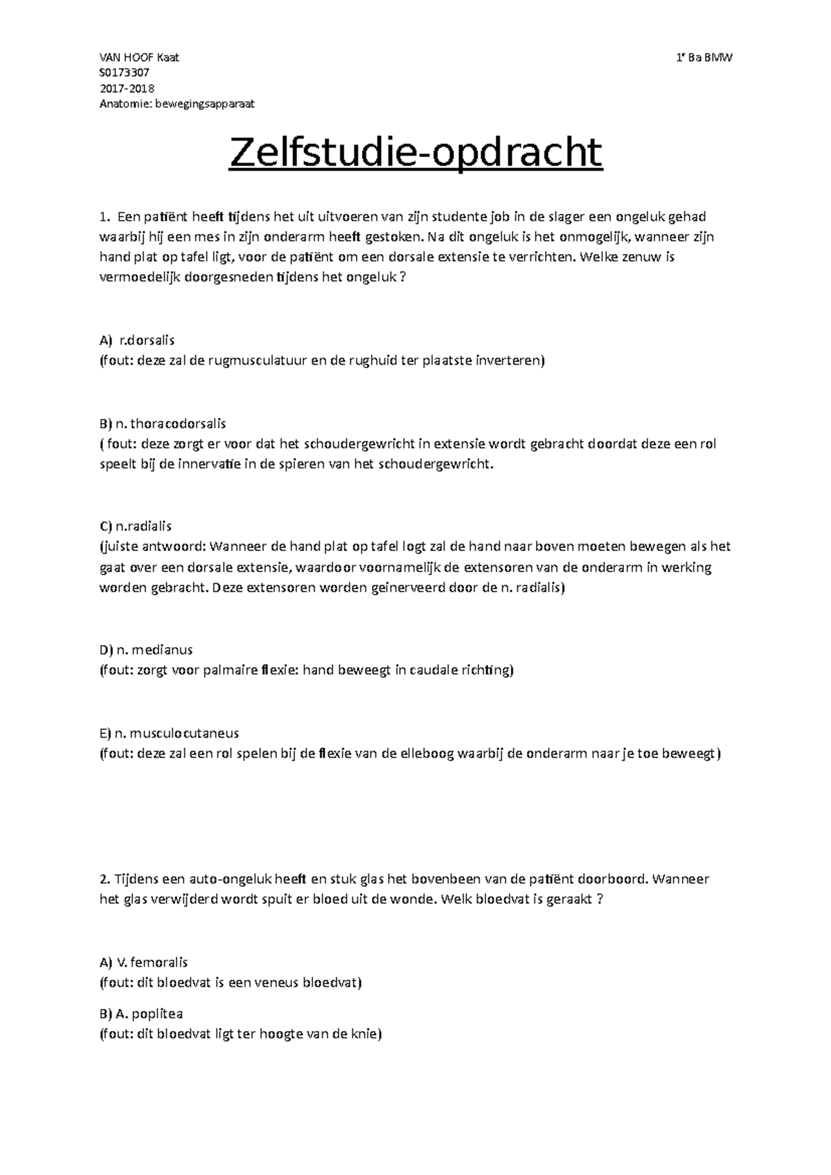 MCQ Anatomie: Bewegingsapparaat - VAN HOOF Kaat S0173307 Anatomie ...