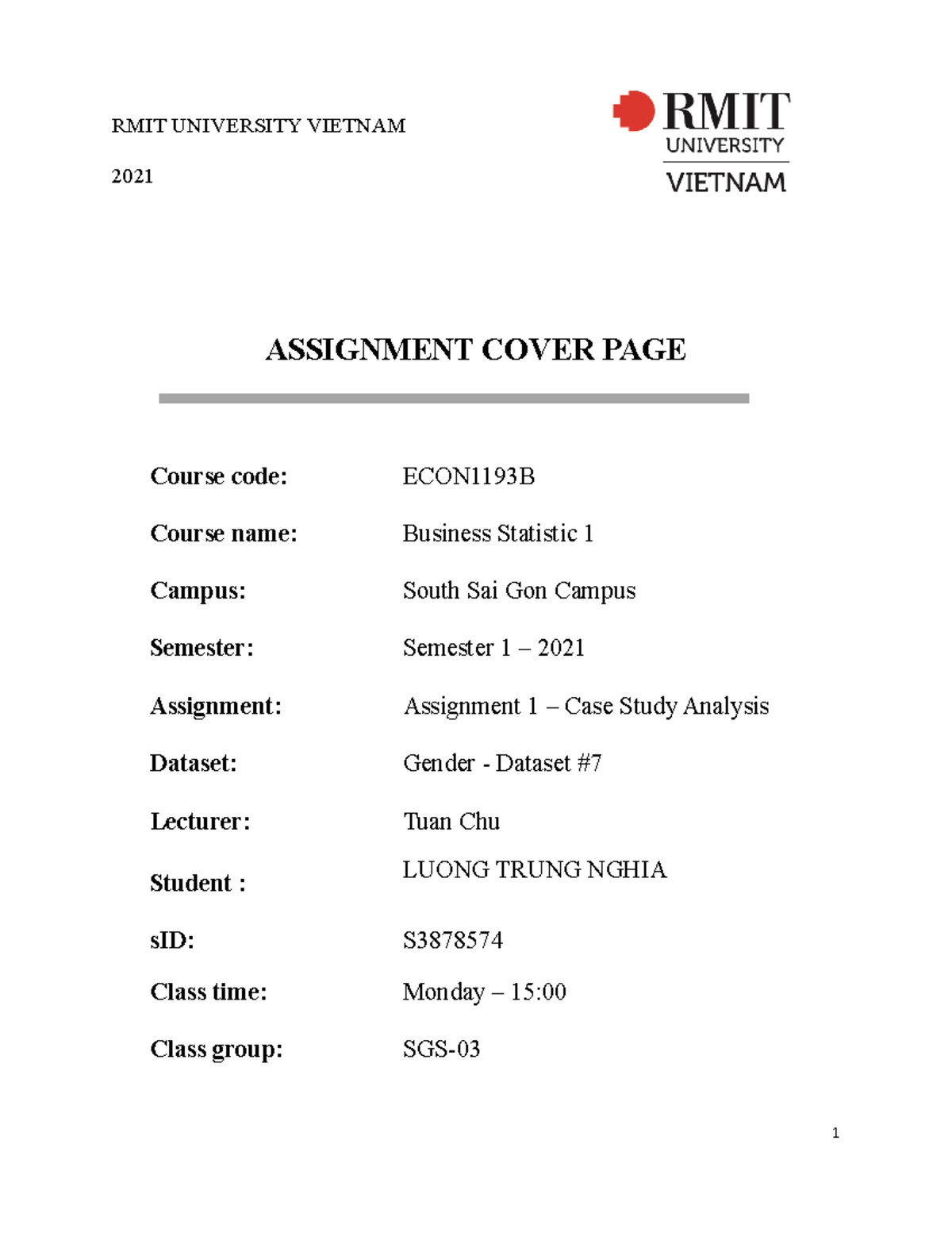 Business Statistics assignment 1 - RMIT UNIVERSITY VIETNAM 2021 ...