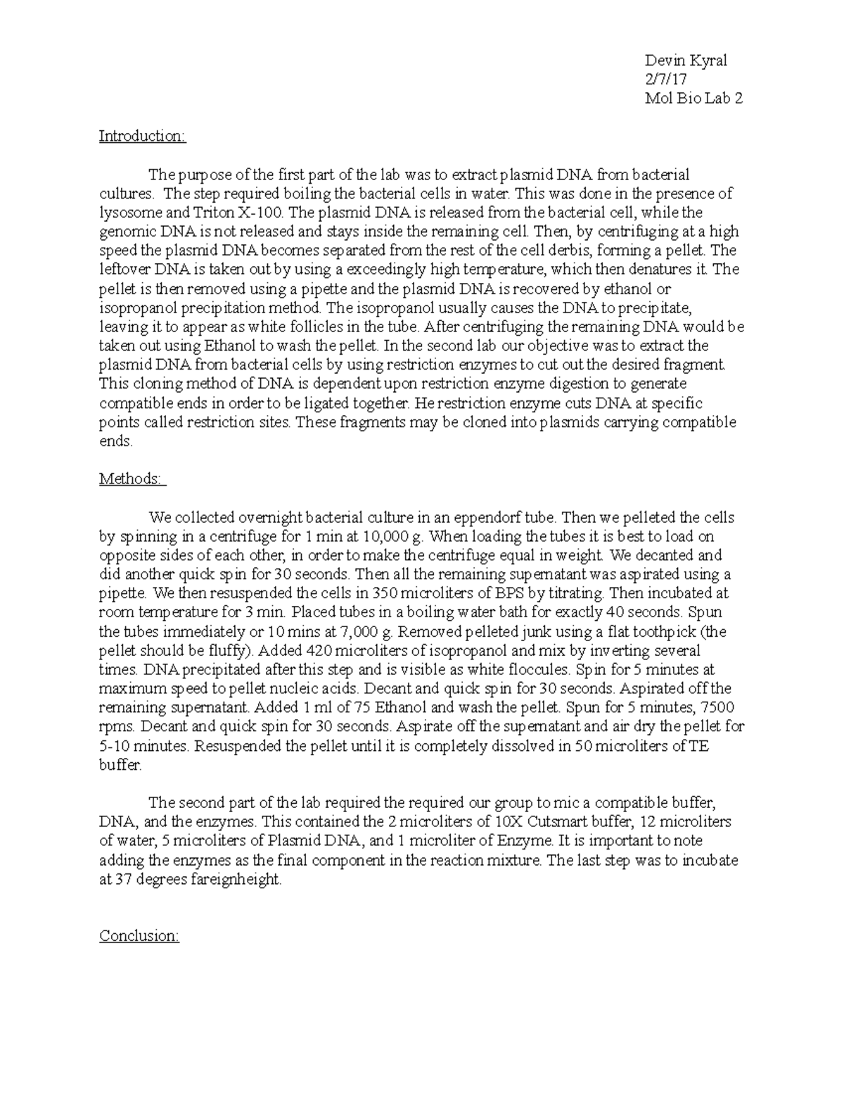 Devin Kyral Molecular Biology Lab report Devin Kyral 2/7/17 Mol Bio