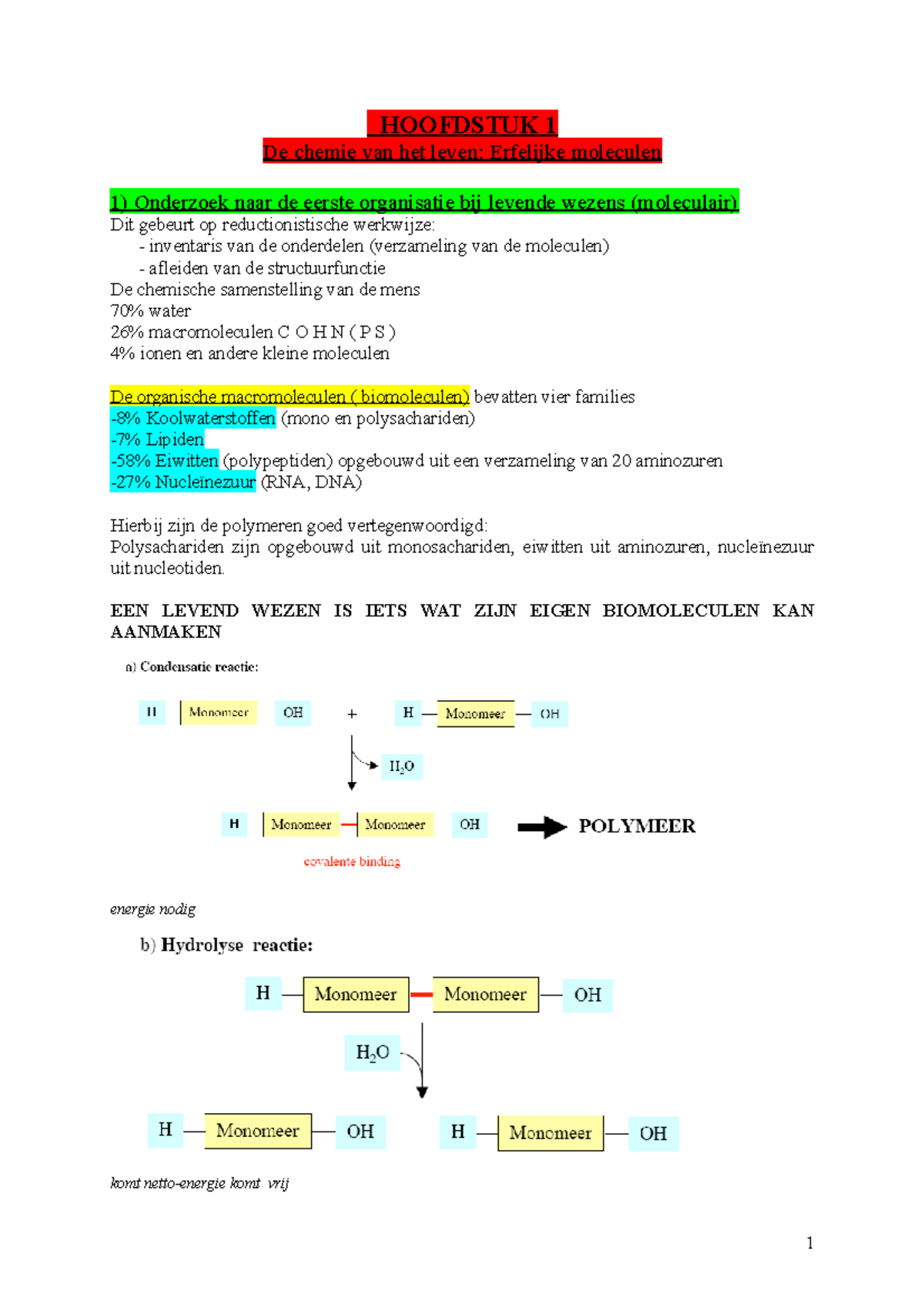 Biologie - Samenvatting - HOOFDSTUK 1 De Chemie Van Het Leven ...