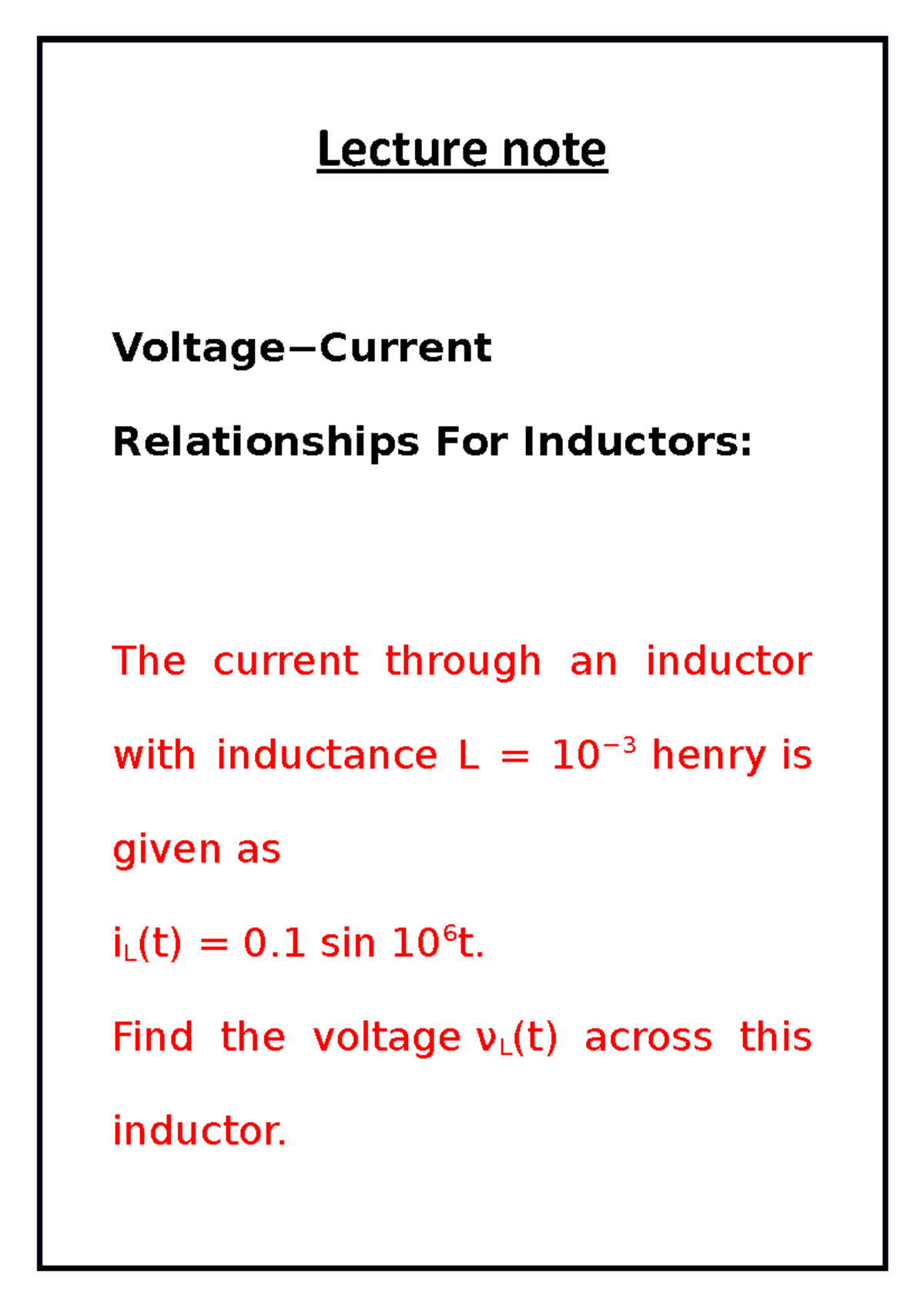Lecture note of Voltage−Current Relationships For Inductors Lecture