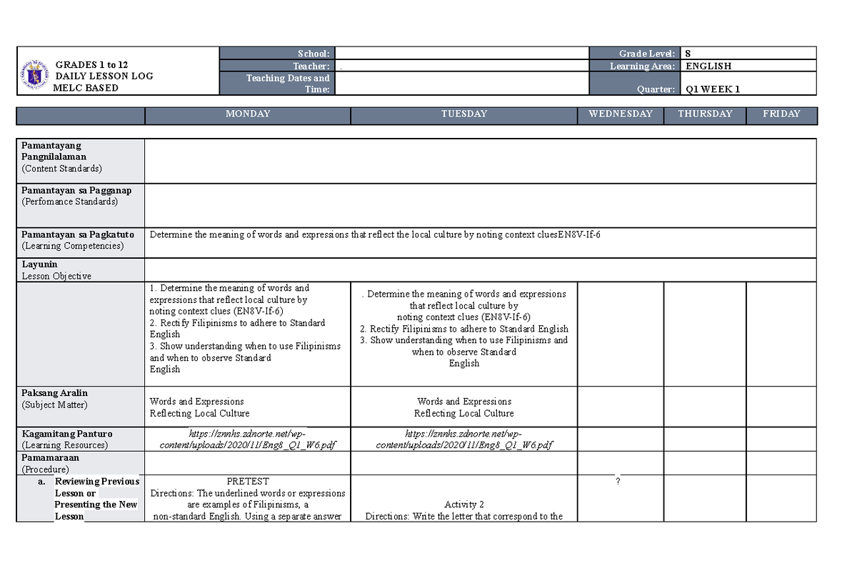 Melc Dll Eng 8 Week 1 Q1 Done - Bachelor Of Secondary Education - Studocu