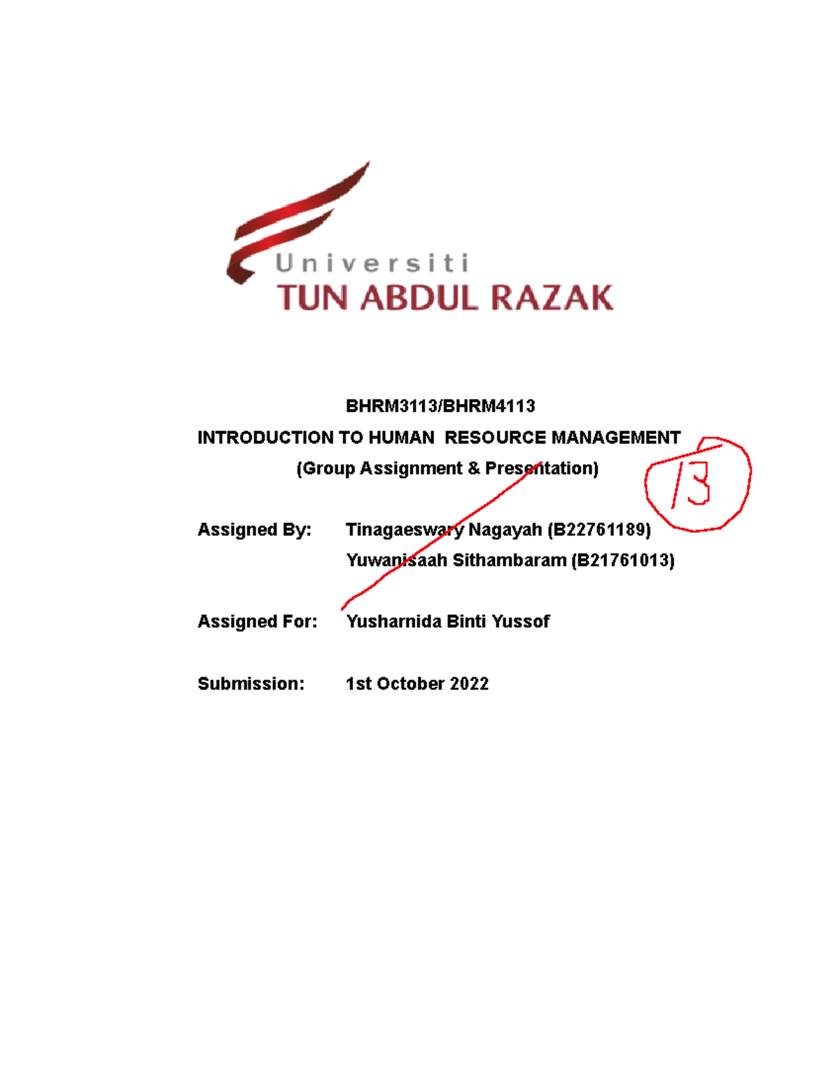 Hrm Group Assignment Report Group 1 Bhrm3113 Bhrm Introduction To