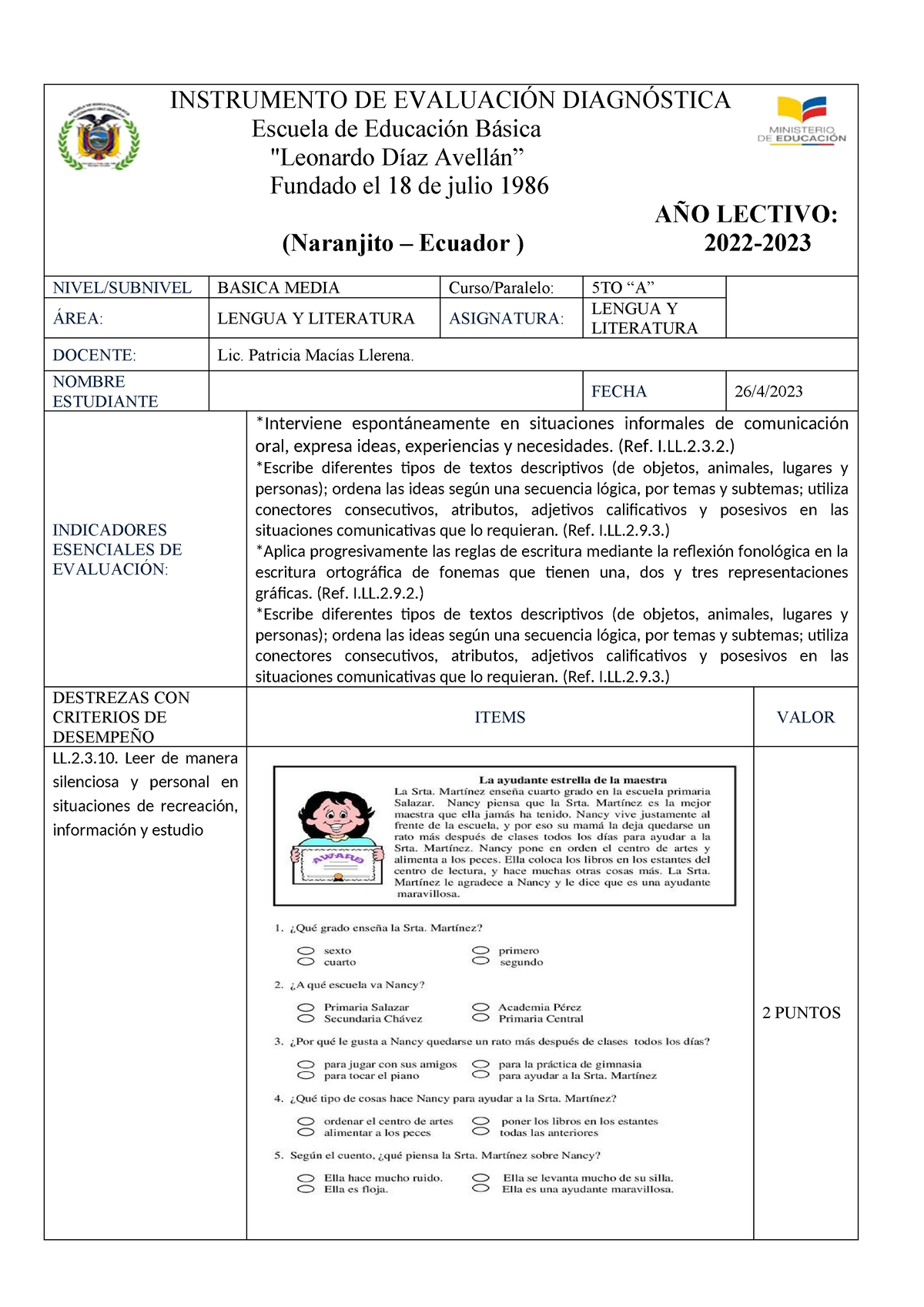 - Prueba DE Diagnostico DE 5TO Grado 2023 - INSTRUMENTO DE EVALUACIÓN ...