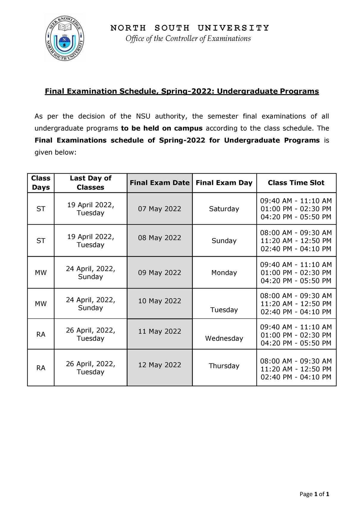 597.Final Exam Schedule Spring2022 IT NORTH SOUTH UNIVERSITY