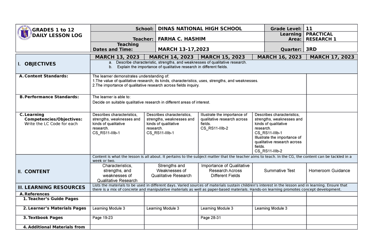 Week 1 PR1 - Serves as notes. - GRADES 1 to 12 DAILY LESSON LOG School ...