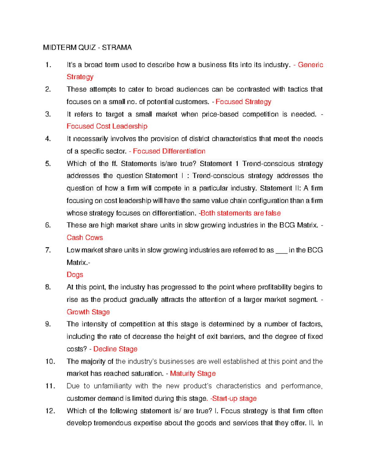 Midterm-QUIZ - Strategic Management Quiz Answer Keys - MIDTERM QUIZ ...