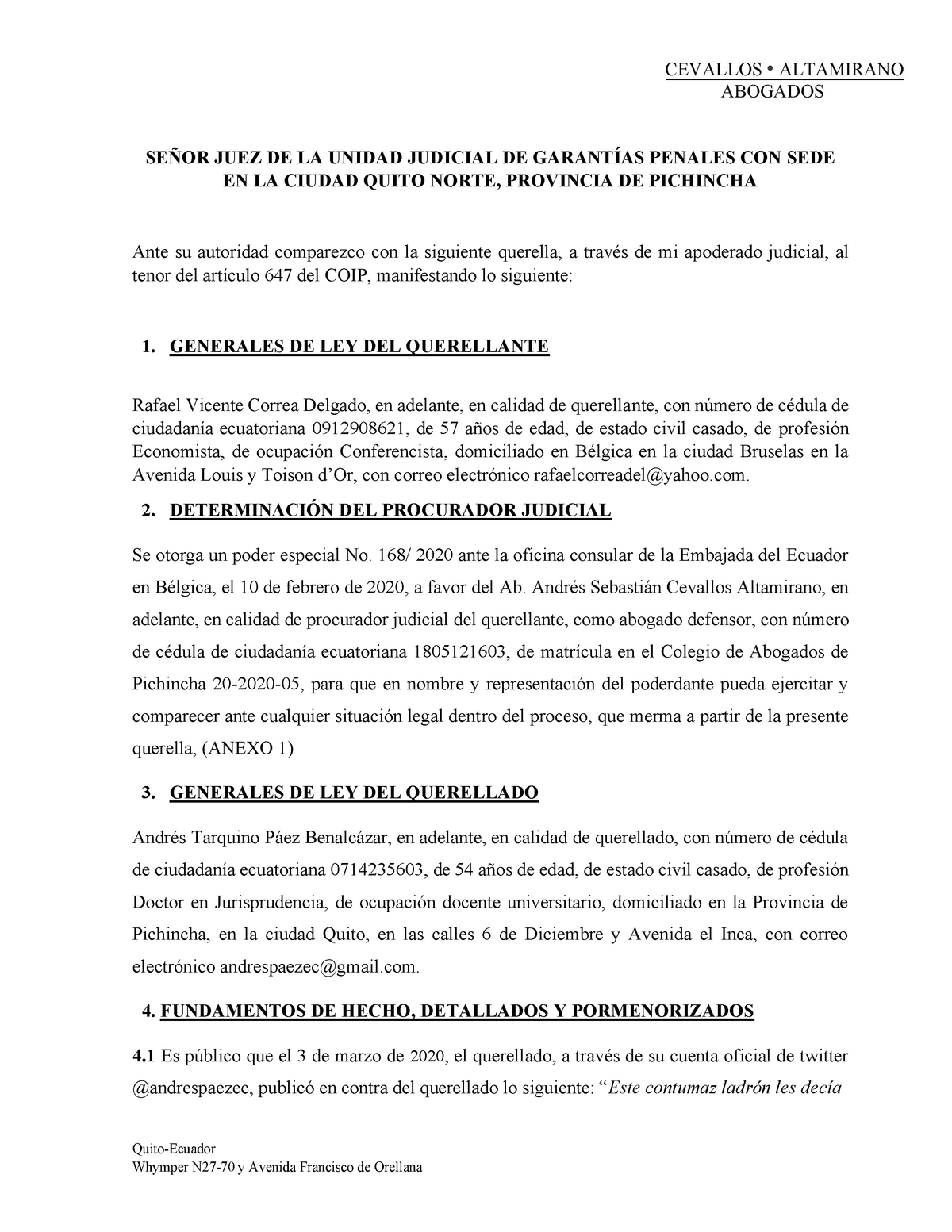Querella por delito de calumnia - Warning: TT: undefined function: 32  ABOGADOS Quito-Ecuador SEÑOR - Studocu