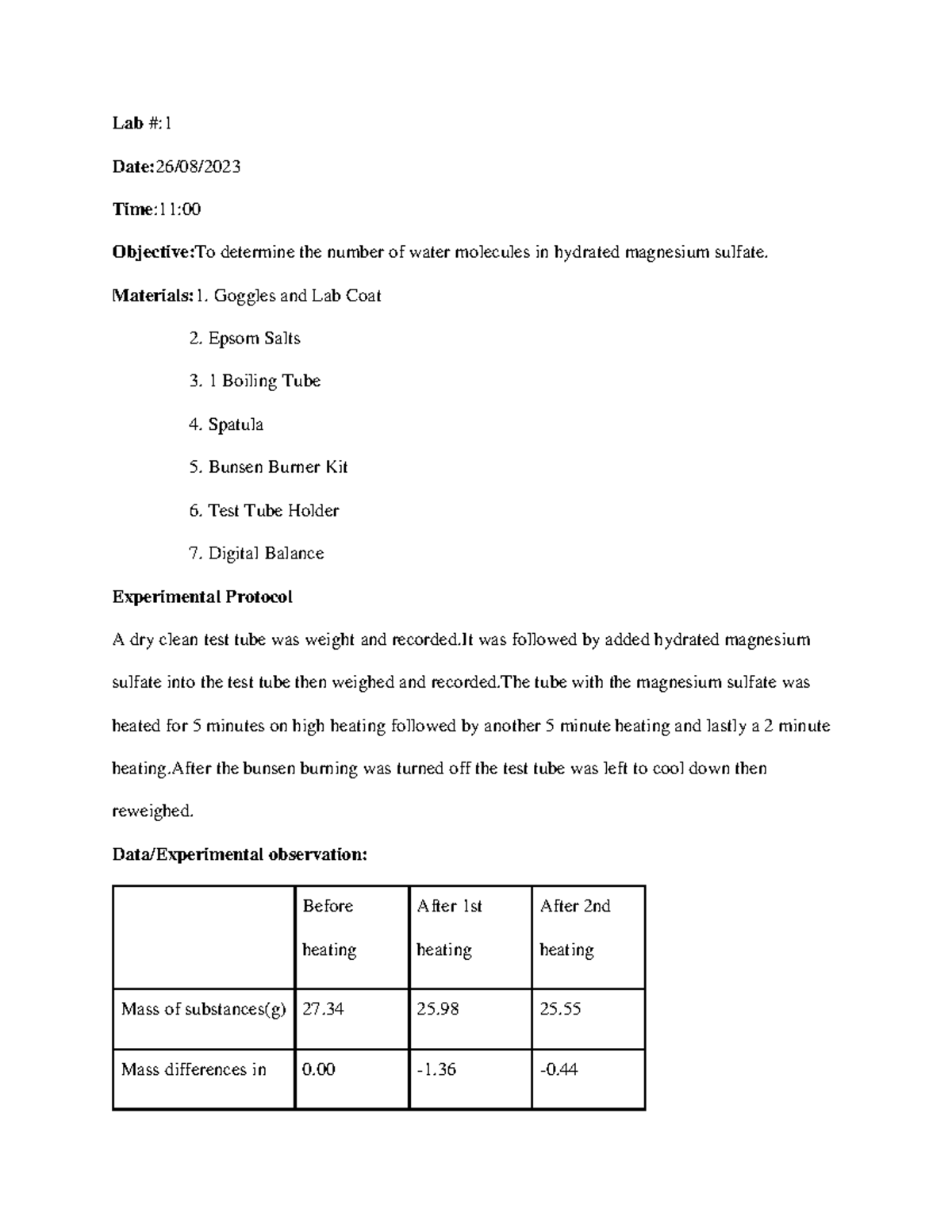 Epsom salt Lab 1 Lab Date26/08/ Time11 ObjectiveTo determine the number of water