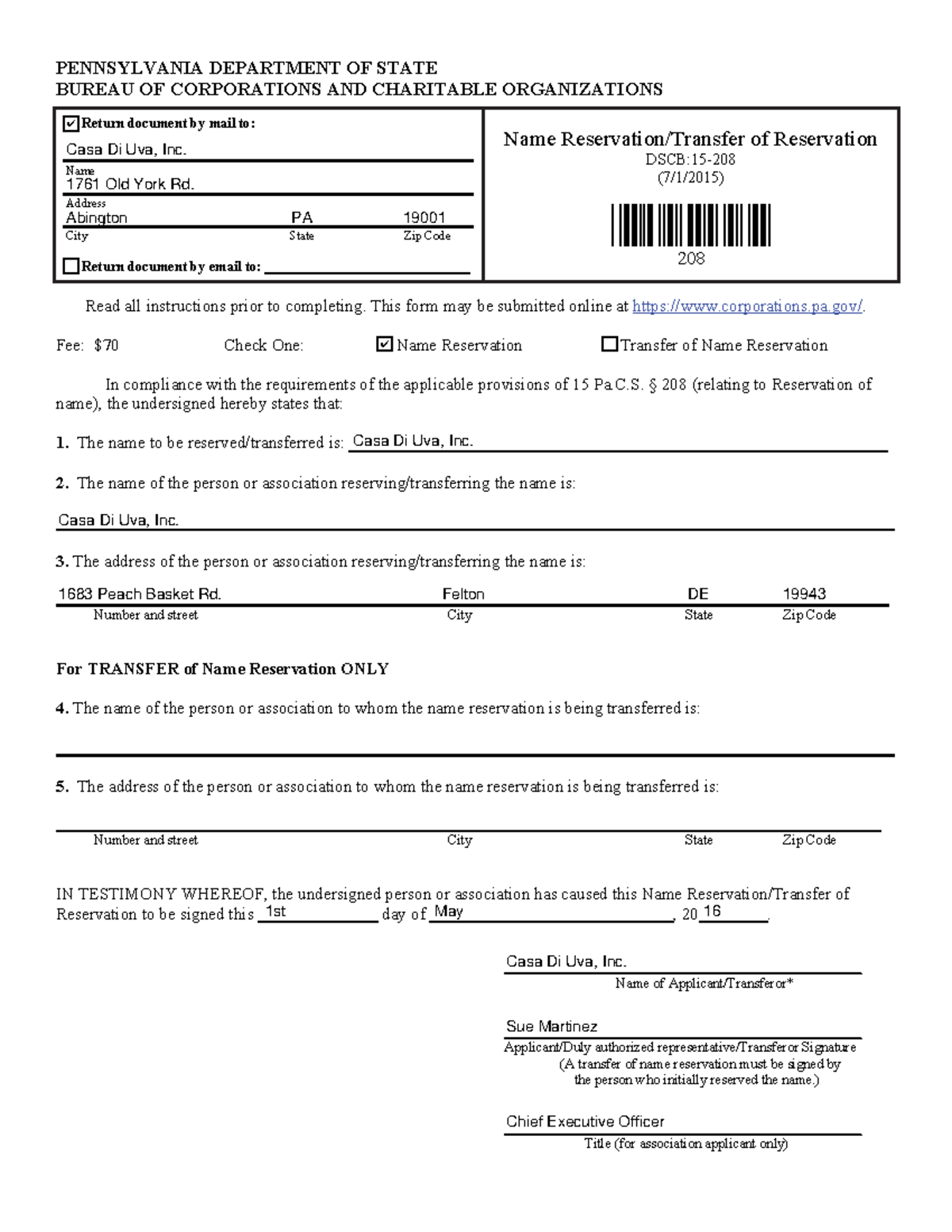 PA Name Reservation PENNSYLVANIA DEPARTMENT OF STATE BUREAU OF
