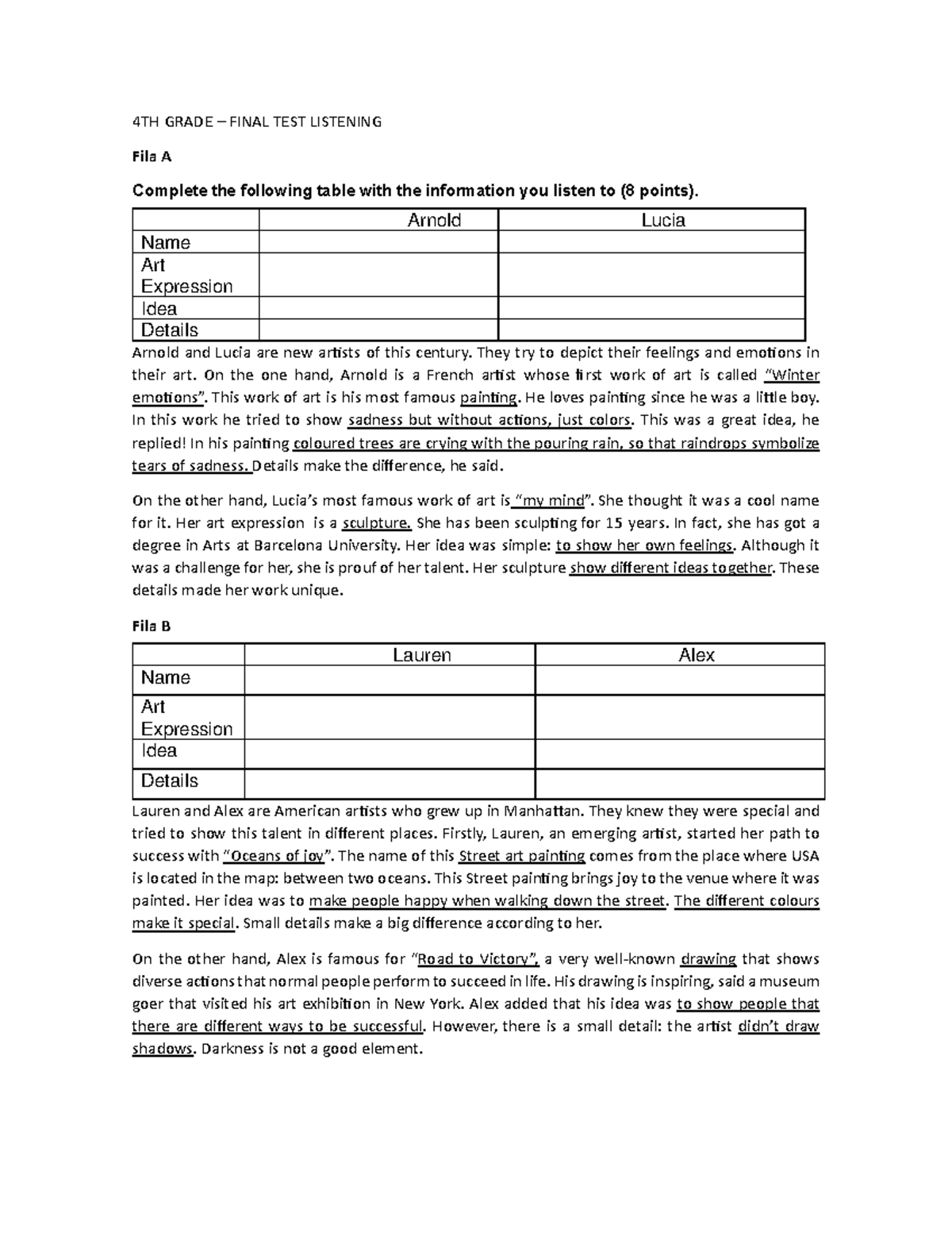 Listening 4th Grade - Final test - 4TH GRADE – FINAL TEST LISTENING ...