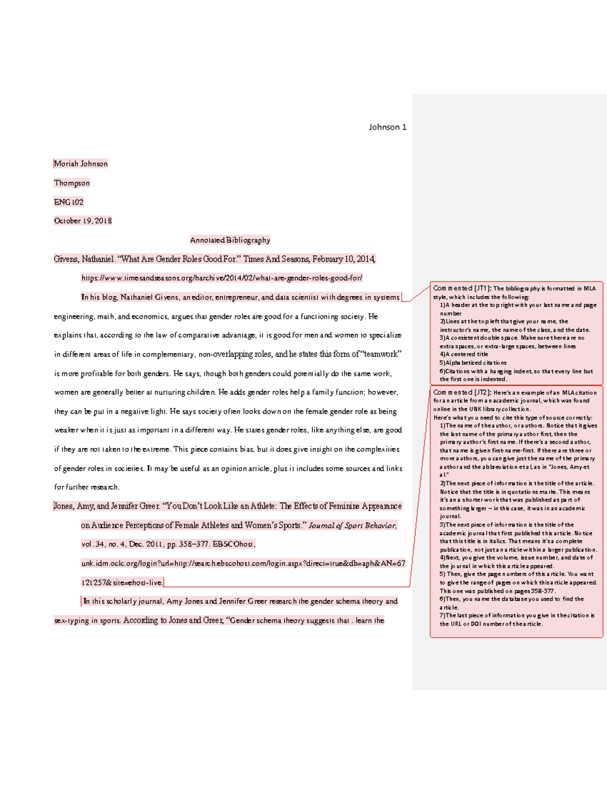 Annotated Bibliography example - Moriah Johnson Thompson ENG October 19 ...