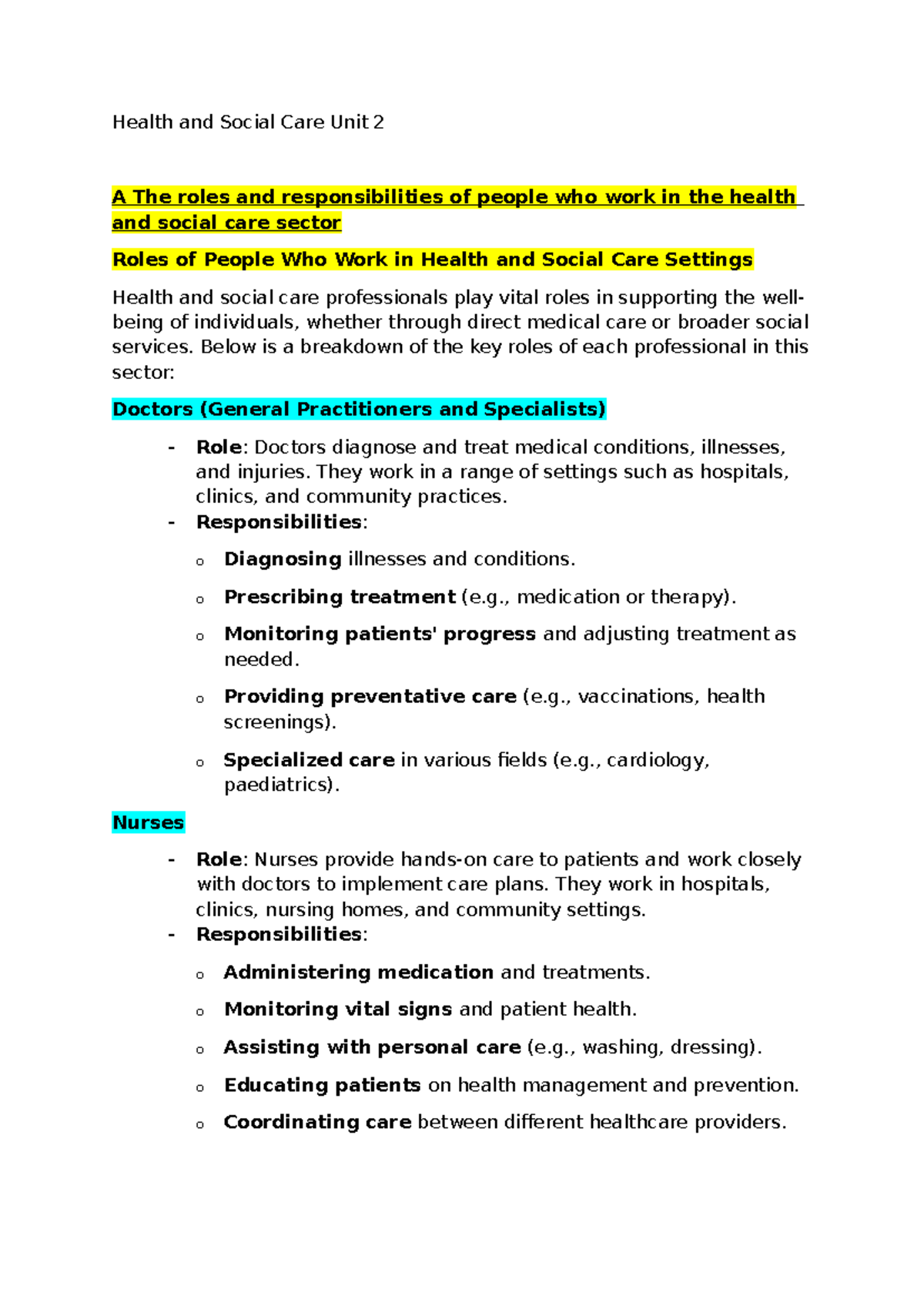 Health and Social Care Unit 2 - Below is a breakdown of the key roles ...