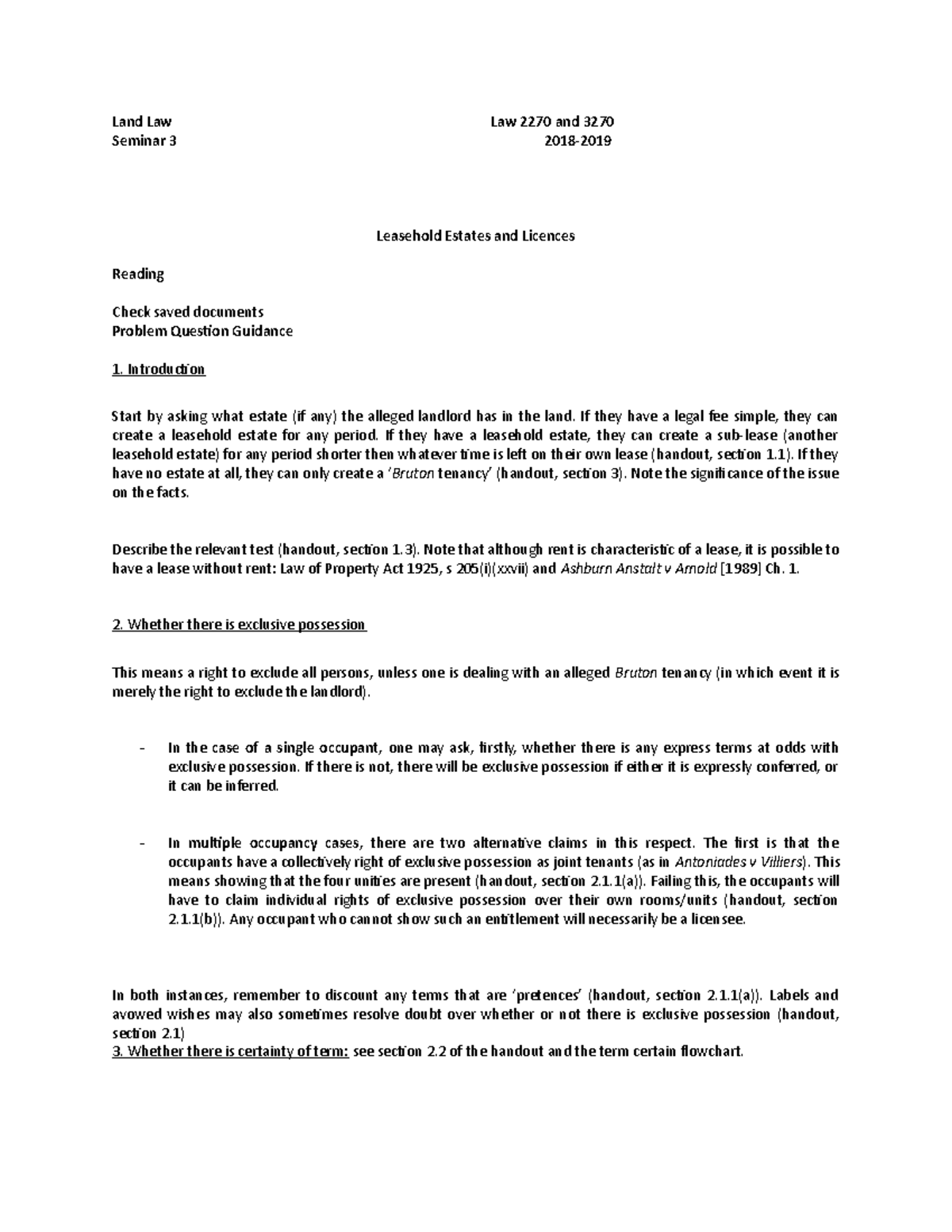 Seminar 3 - Leasehold Estates and Licenses - Land Law Law 2270 and 3270 ...