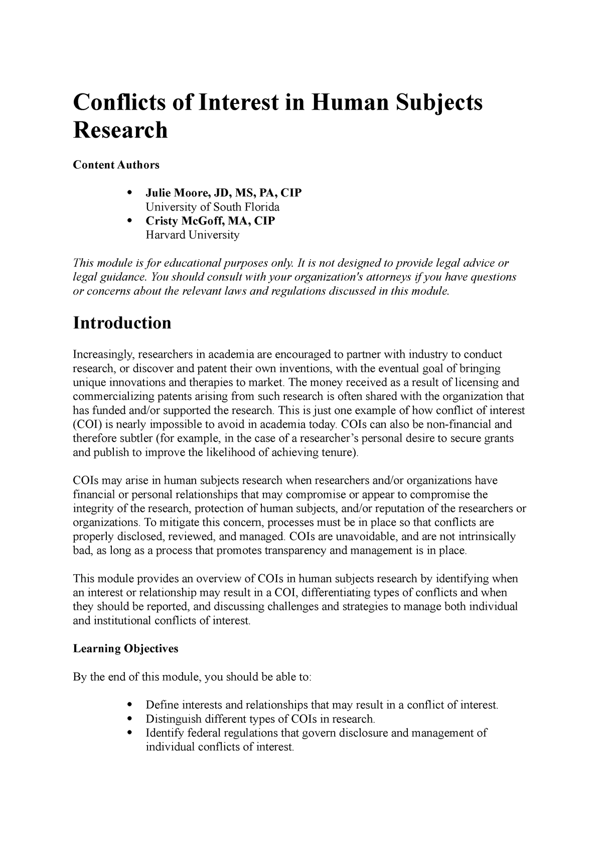 Conflicts Of Interest In Human Subjects Research Conflicts Of Interest In Human Subjects 