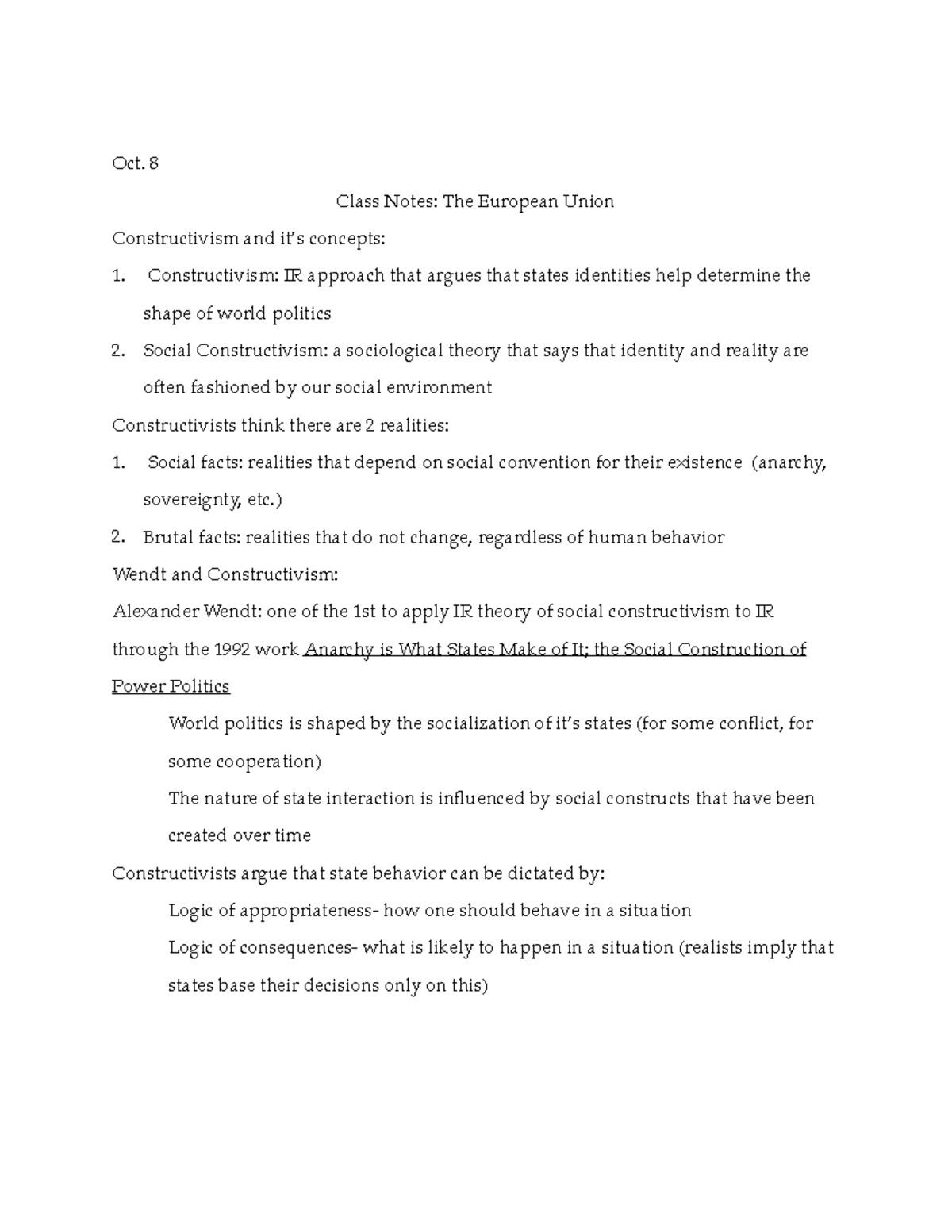Constructivism Notes - Oct. 8 Class Notes: The European Union ...