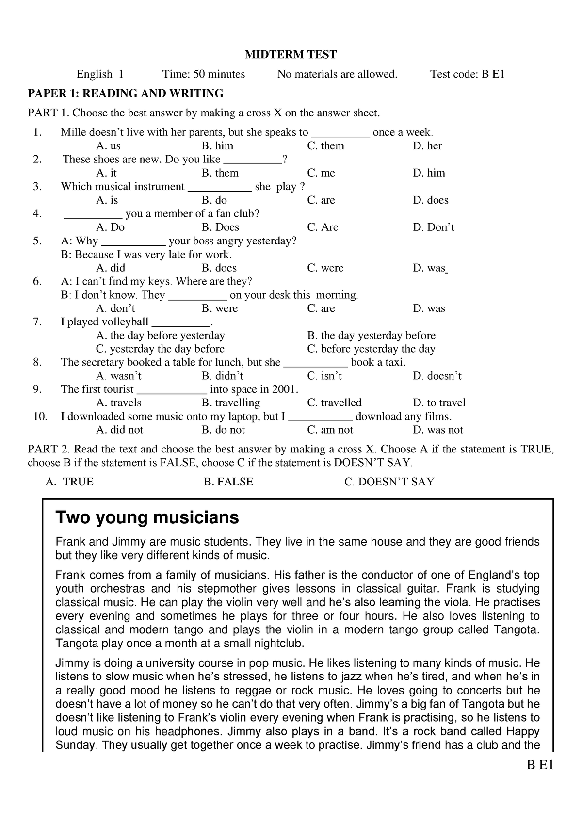 B E1 Midtest Online Students - B E MIDTERM TEST English 1 Time: 50 ...