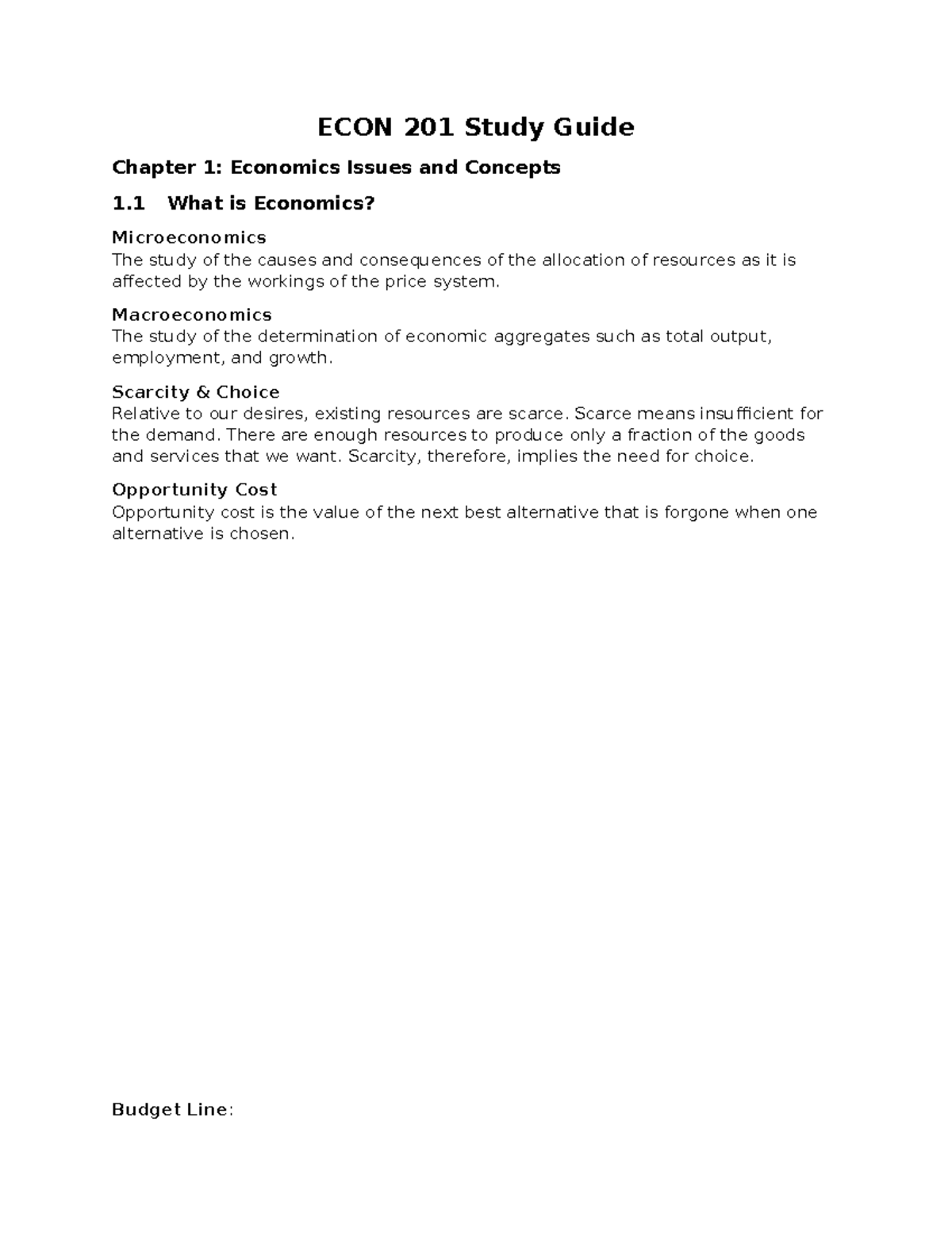 ECON 201 Study Guide - Chapter 1, 2 & 3 - ECON 201 Study Guide Chapter ...