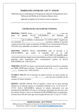 Contrato de alquiler actualizado - Modelo de Contrato - Ley N° 27551 /2 0  Elaborado por el Programa - Studocu