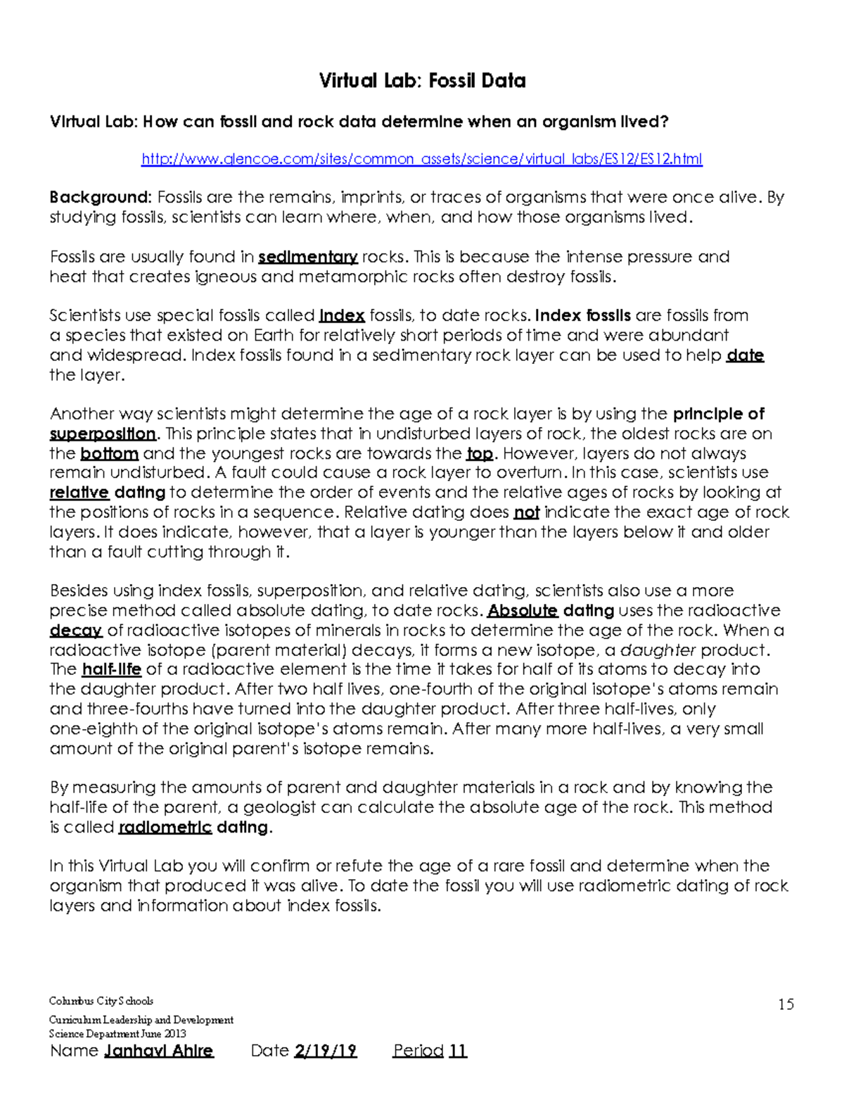 Virtual Lab Fossil Data With Notes Google Docs Virtual Lab Fossil Data Virtual Lab How