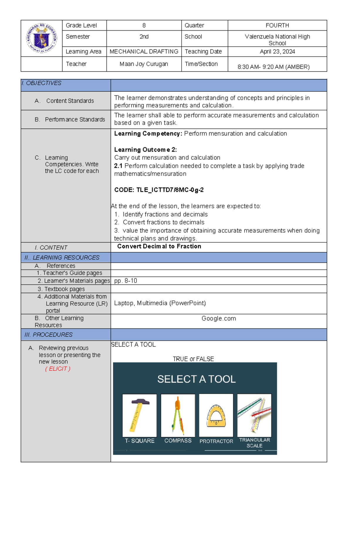 Daily lesson plan for TLE_mensuration and calculation for grade 8 ...