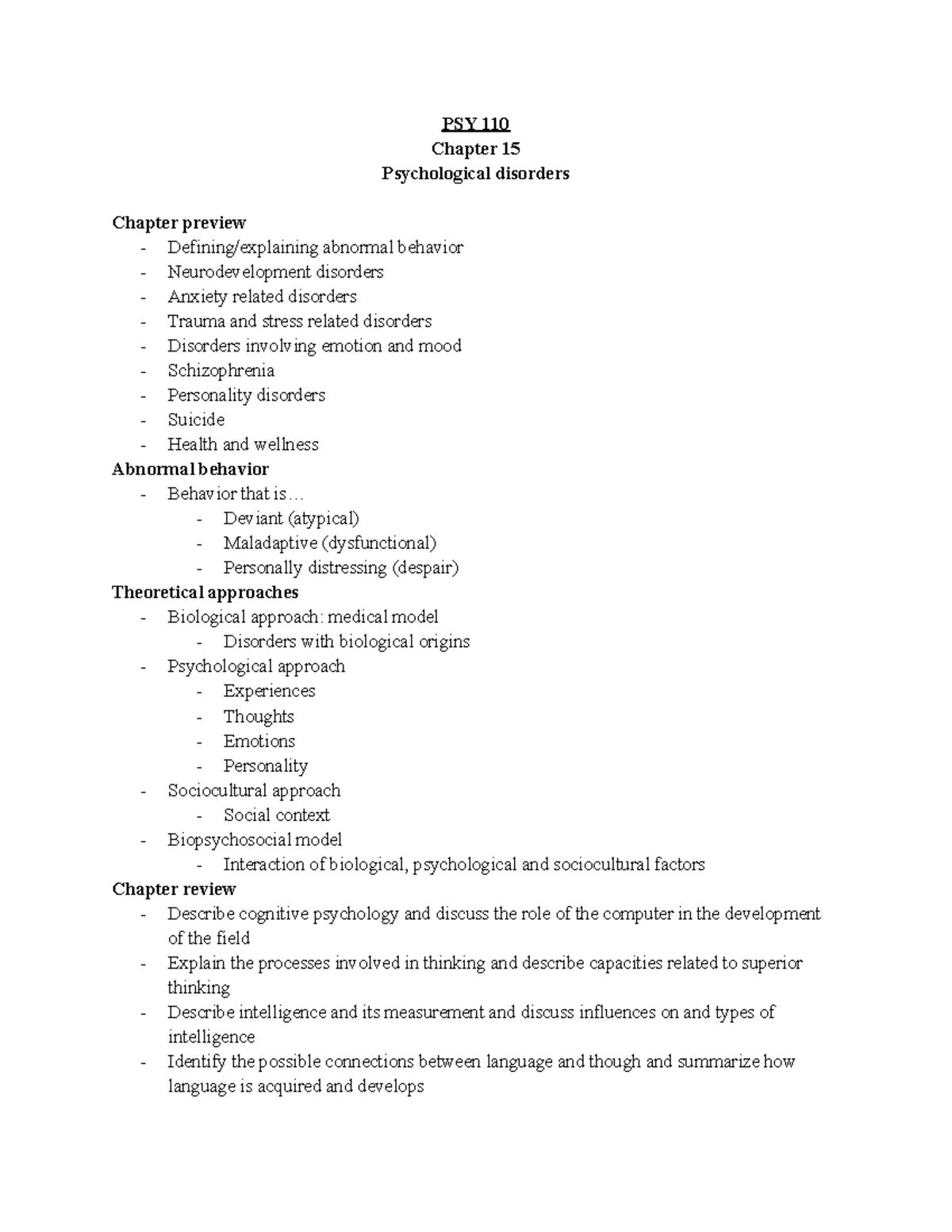 Psy 110 Chapter 15.1 notes - PSY 110 Chapter 15 Psychological disorders ...