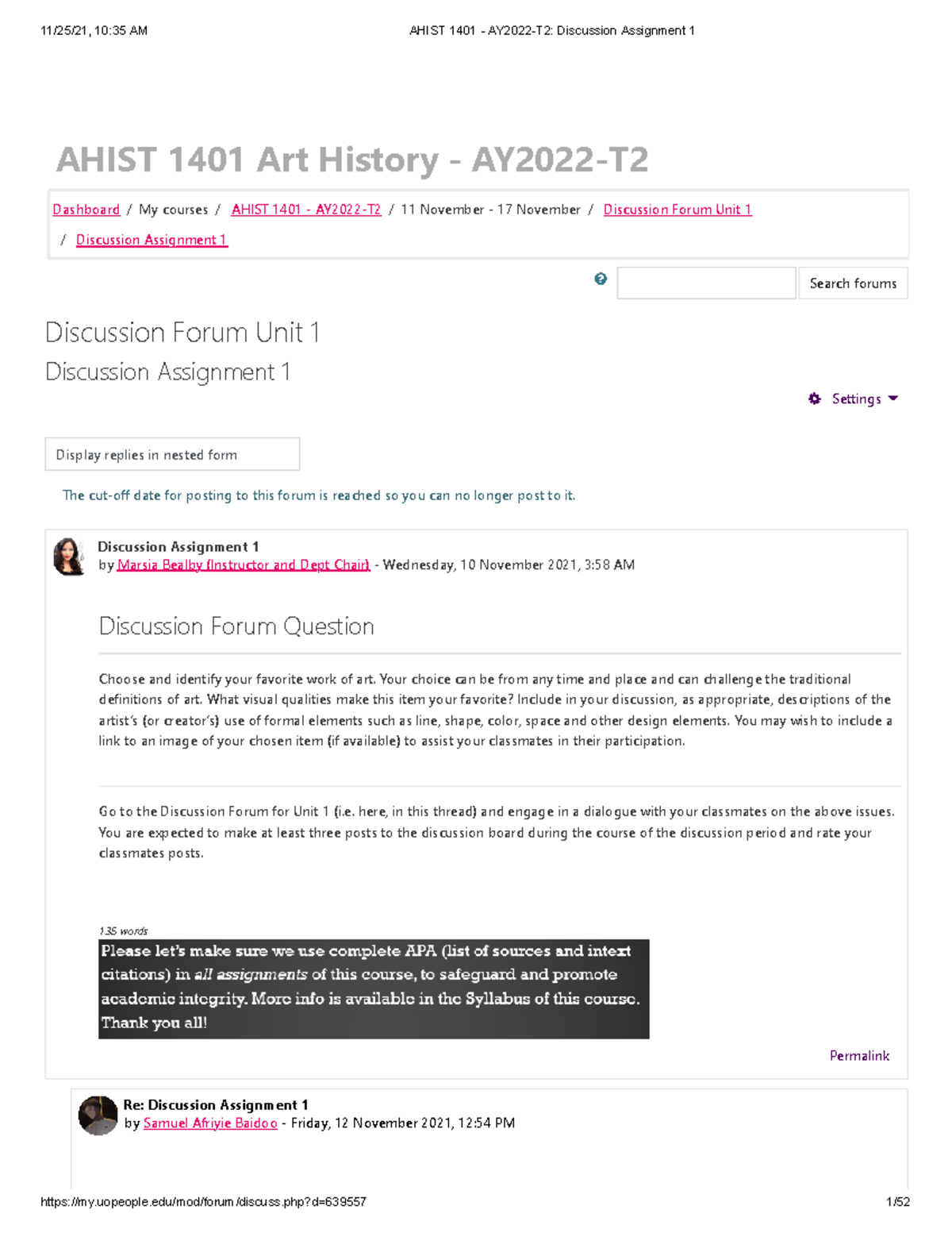 1 AHIST 1401 - AY2022-T2 Discussion Assignment 1 - AHIST 1401 Art ...