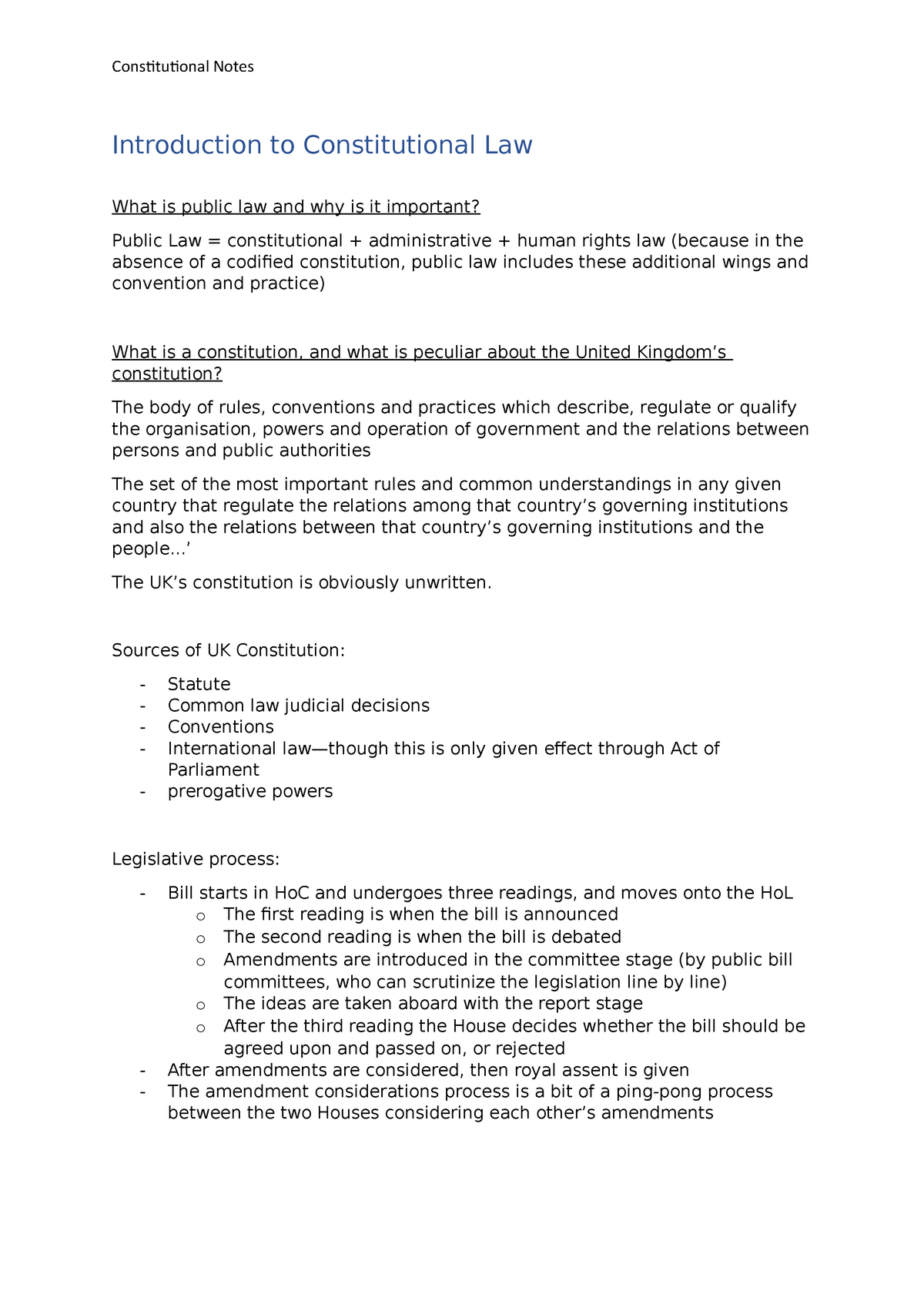 Notes - Introduction to Constitutional Law What is public law and why ...