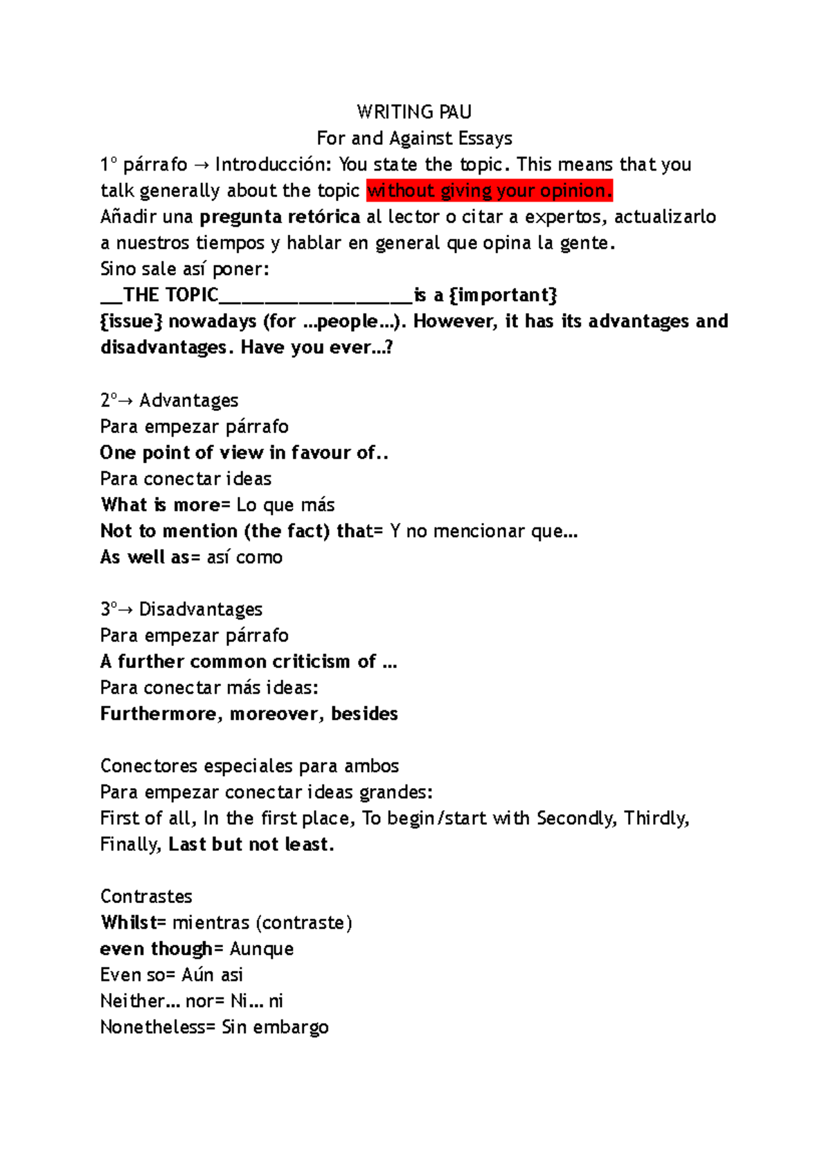 Como hacer un writing - WRITING PAU For and Against Essays 1º párrafo → ...