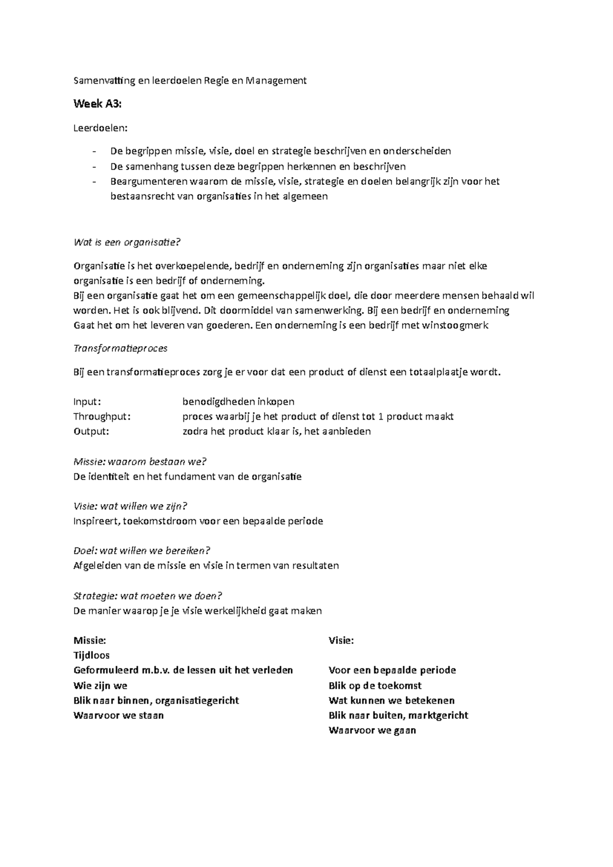 Regie En Management A+B - Samenvatting En Leerdoelen Regie En ...