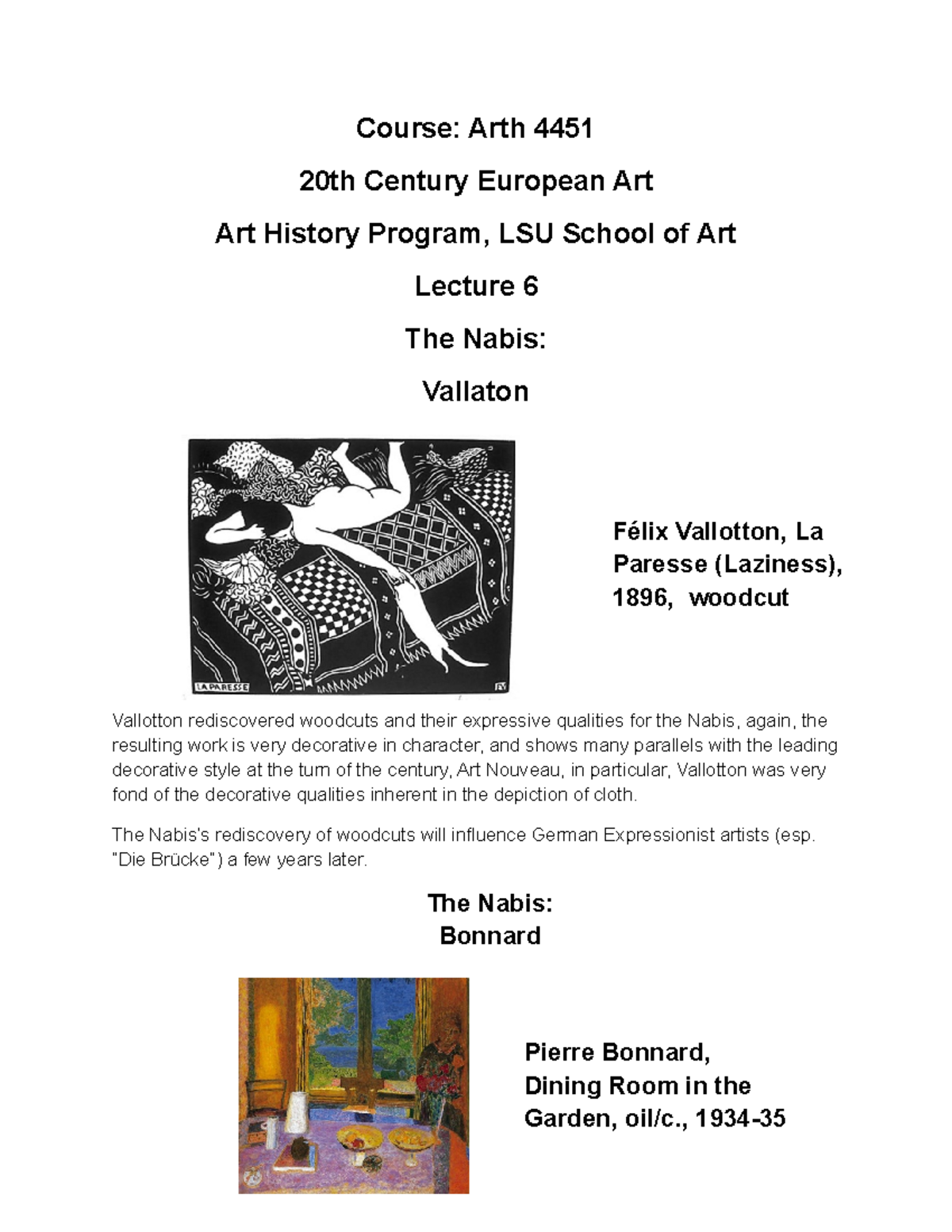 Vallaton, bonard and picasso Course Arth 4451 20th Century European