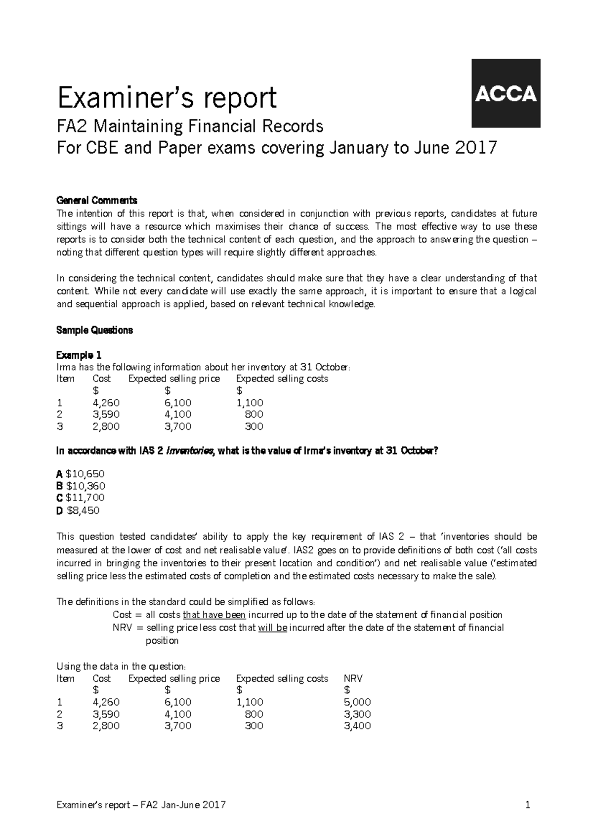 Fa2 examreport jan june 2017 - Examiner’s report FA2 Maintaining ...