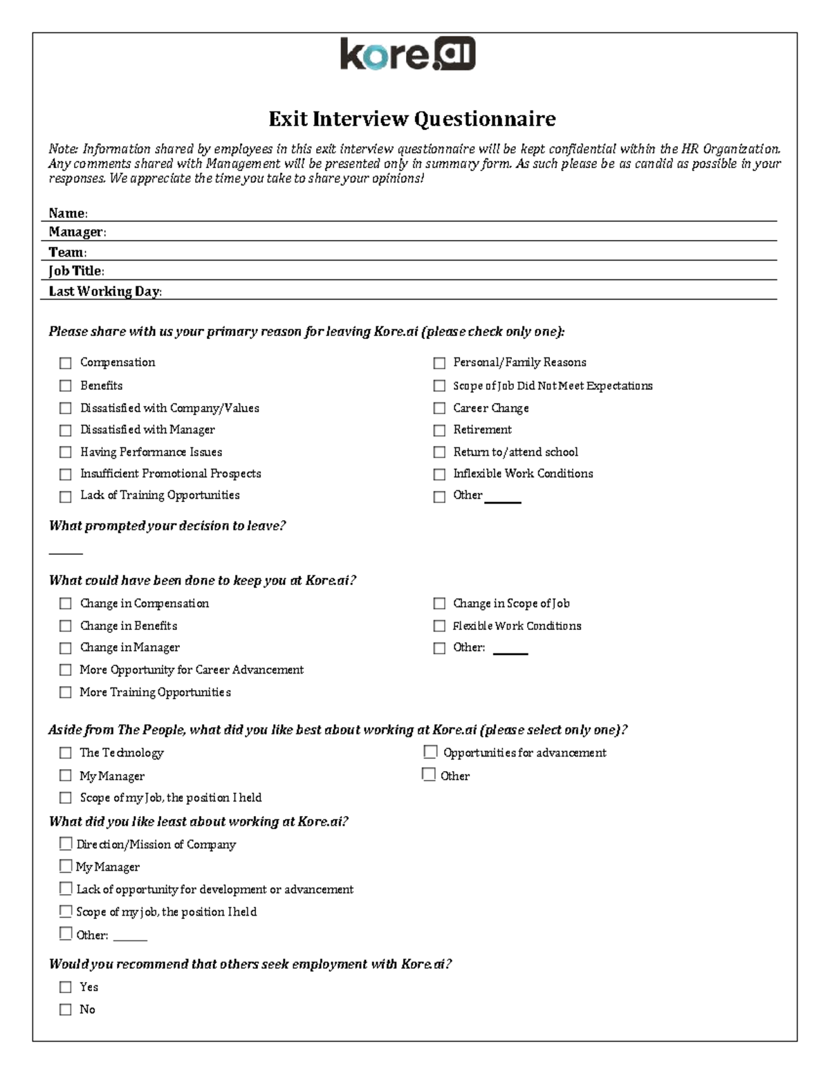 Exit Interview Questionnaire - Exit Interview Questionnaire Note ...