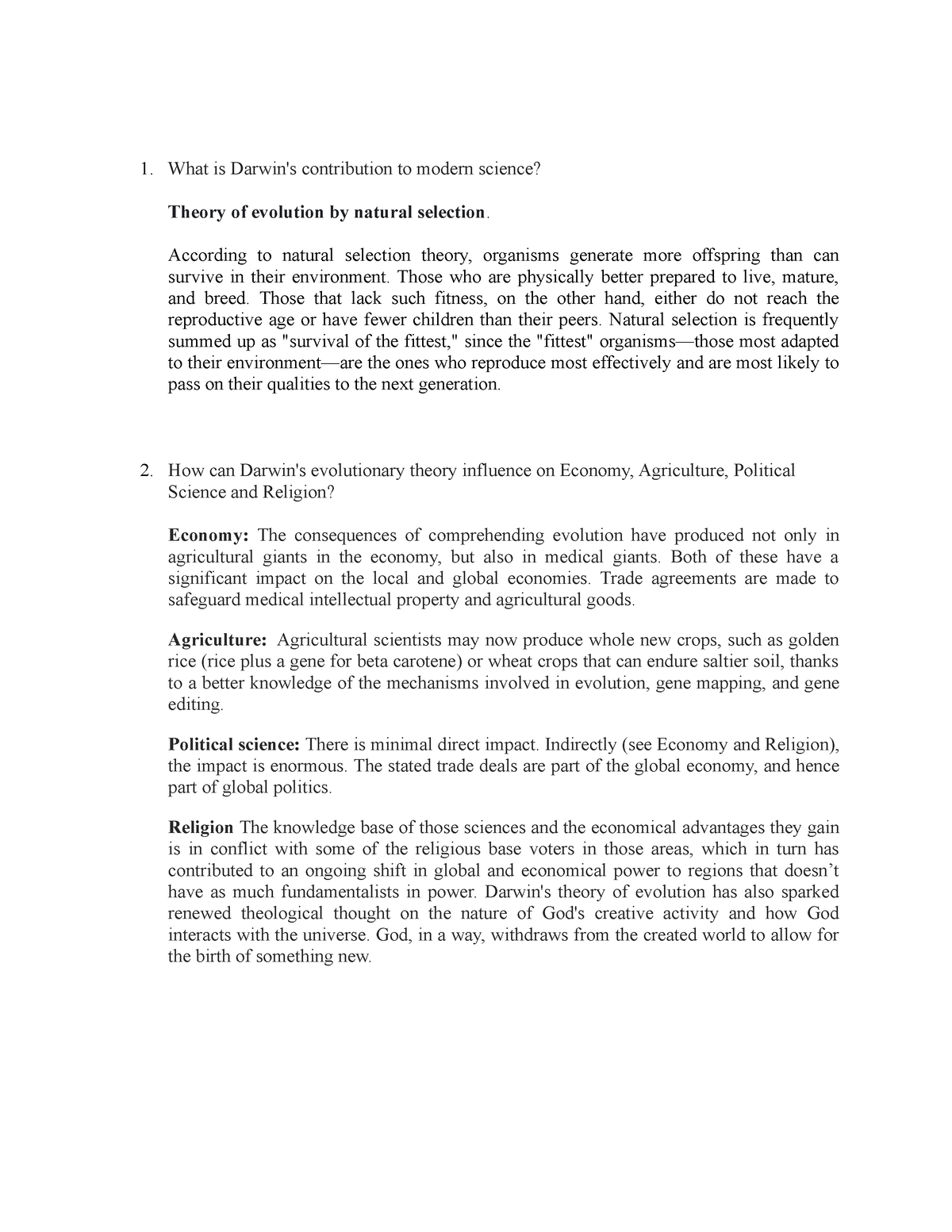 what is darwin's contribution to modern science essay