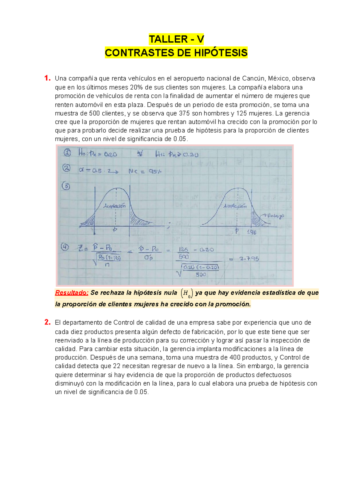 Unidad V Taller V Contrastes De Hipotesis Taller V Contrastes