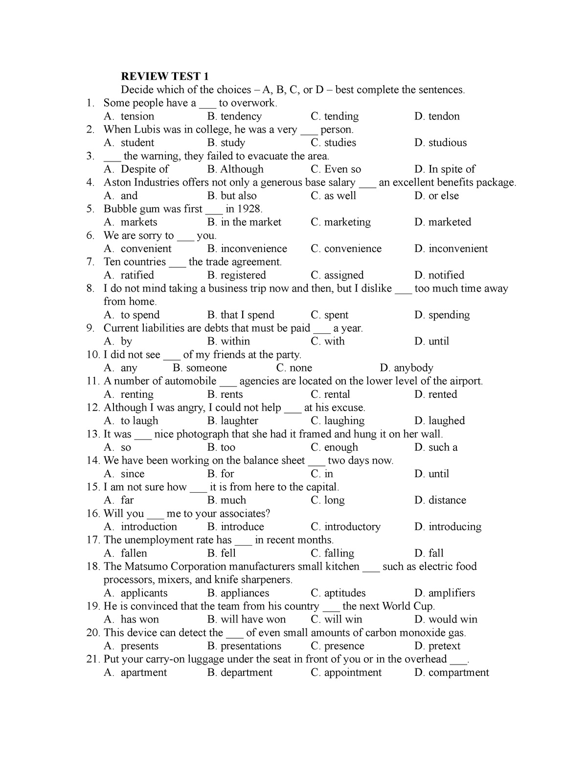 Review TEST 1- PART 5 - REVIEW TEST 1 Decide Which Of The Choices – A ...