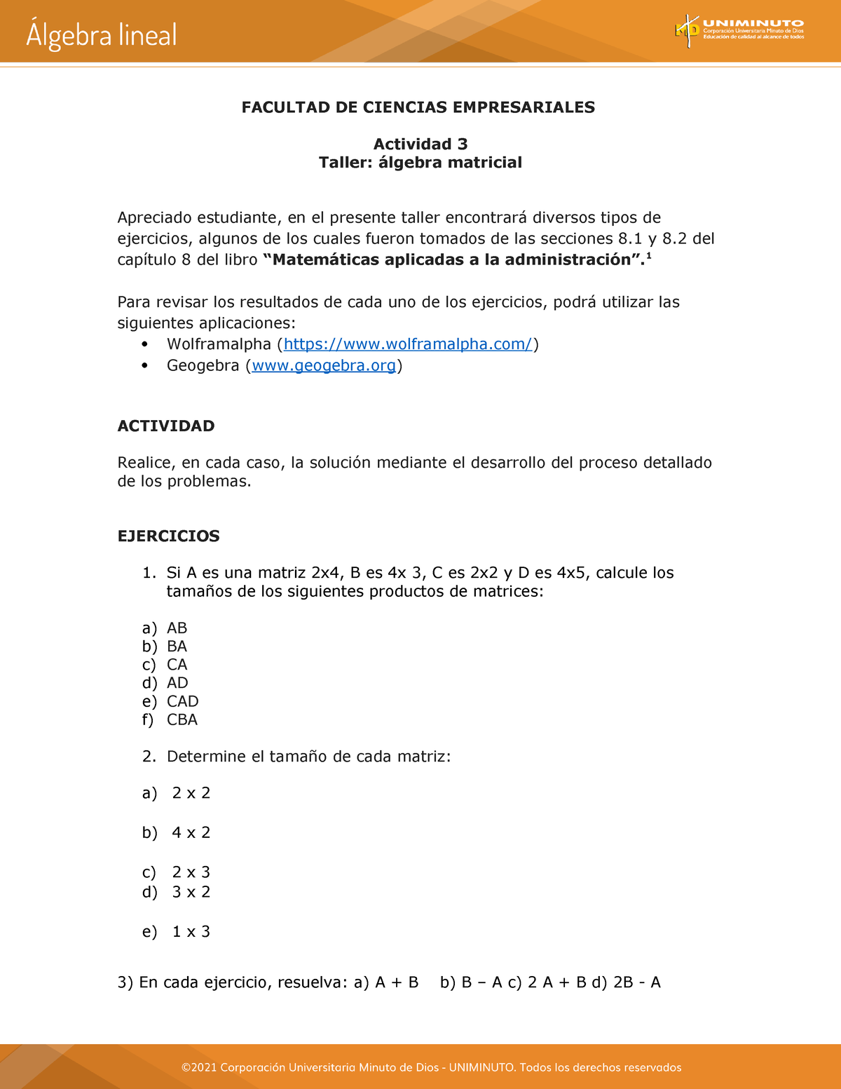 Algebra - EJERCICIOS - FACULTAD DE CIENCIAS EMPRESARIALES Taller ...