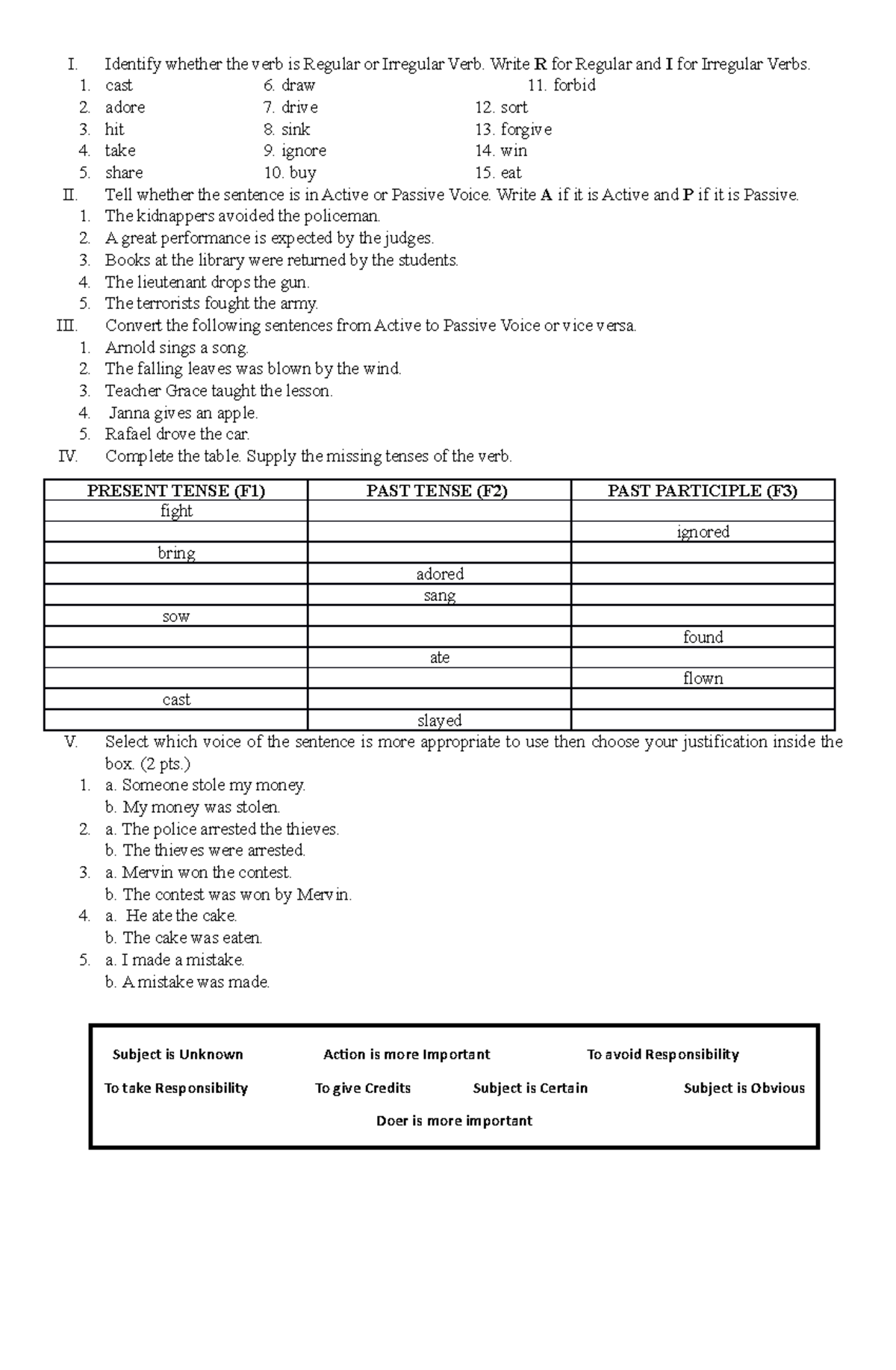 Test 2020, questions and answers - I. Identify whether the verb is ...