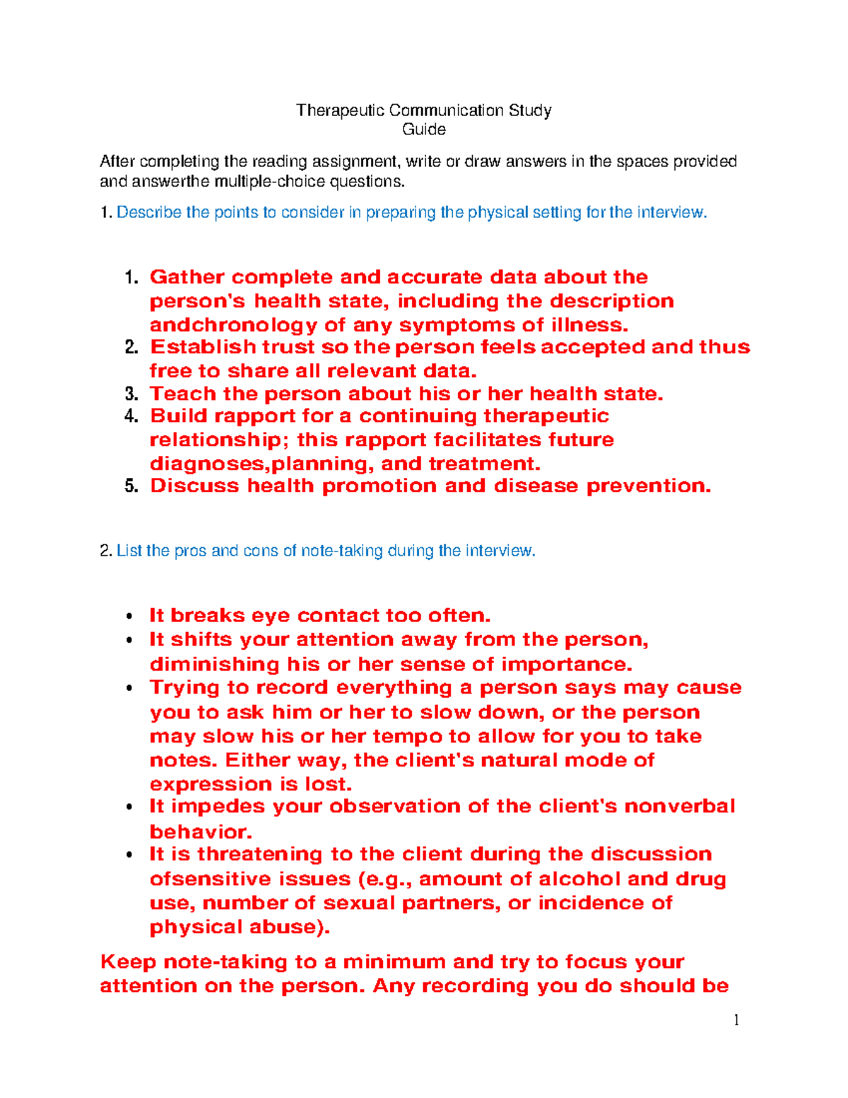 Therapeutic Communication Study Guide 1 - Therapeutic Communication ...